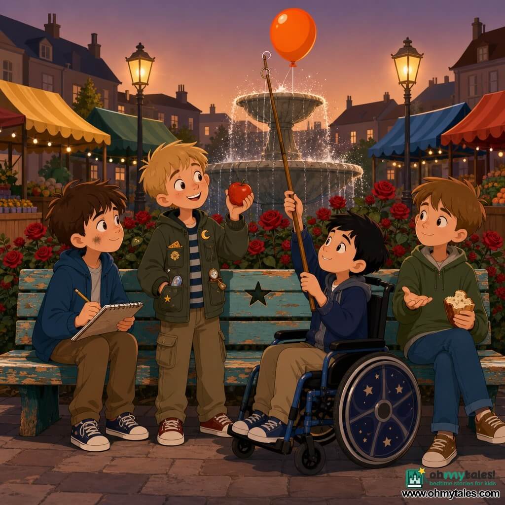 Four children—Milo (10, messy brown hair, small graphite smudge, sitting left with a worn notebook and pencil), Ben (9, short blond hair, standing center-left with a pocketed jacket and an offered apple), Jay (10, short black hair, in a wheelchair with stylized wheels at center-right, holding a stick with a string and paperclip), and Sam (11, light chestnut hair, calm, sitting right offering a piece of bread)—gathered by the painted, peeling "Star Bench" on a small twilight neighborhood market square with warm cobbles, folding stalls, a round fountain and rose bushes, lit by yellow lampposts, working together to retrieve an orange balloon tied to a string above the fountain using a long pole, coordinated, focused and friendly, in a simple flat, high-contrast illustrative style.