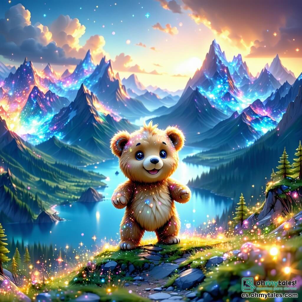 Ulises, un pequeño oso de peluche marrón con grandes ojos brillantes y una sonrisa curiosa, se encuentra en la cima de una colina luminosa en el planeta Zog, maravillado por los paisajes coloridos que lo rodean. A su lado, Zira, una criatura zogiana translúcida de formas etéreas, emite destellos de luz suave y sonríe cálidamente a Ulises, compartiendo su alegría por el descubrimiento. Kira, un joven zogiano de colores vivos, observa a Ulises con curiosidad mientras juega con patrones de luz en el aire. El lugar es un paisaje de ensueño en Zog, con colinas cubiertas de flores luminosas, árboles con hojas brillantes y un cielo lleno de estrellas danzantes en tonos pastel. La escena muestra a Ulises, Zira y Kira en la colina, compartiendo historias y risas, simbolizando la amistad intergaláctica y la magia del descubrimiento cultural en un universo vibrante y acogedor.