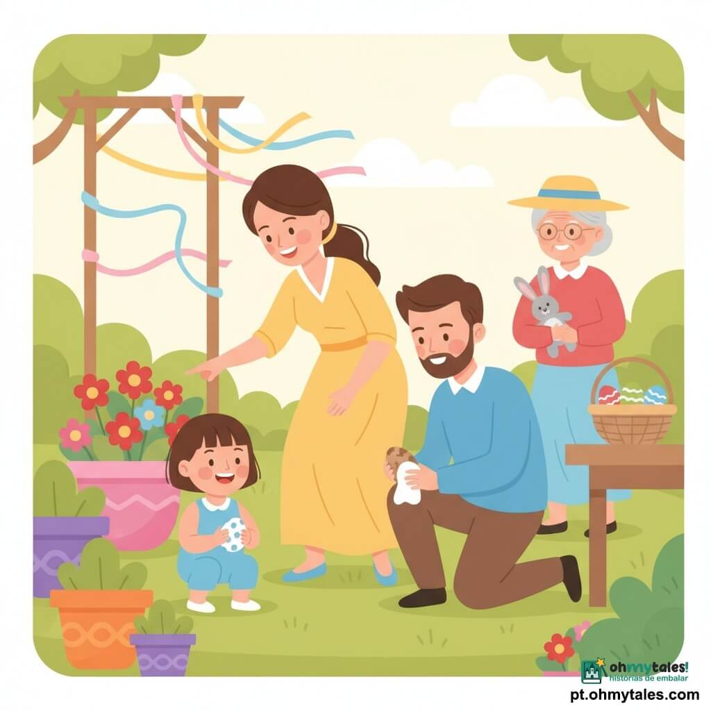 Lila, menina de 2 anos, cabelos curtos castanhos e bochechas rosadas, agachada na relva segurando um ovo de plástico branco e azul com bolinhas; a mãe de vestido amarelo, cabelo preso, aponta para outro ovo atrás de um vaso; o pai de barba leve e camisa azul ajoelhado, limpa um ovo sujo com um pano; a avó com chapéu de fita ao fundo segurando um coelhinho de pelúcia cinza e sorrindo; jardim ensolarado com relva verde, vasos coloridos, fitas em tons pastéis ao vento e uma mesa com um cesto de ovos pintados (vermelho, verde, rosa, azul); cena principal: procura de ovos alegre e tranquila, Lila descobrindo um ovo às bolinhas, luz suave da manhã, cores vivas, atmosfera acolhedora e segura.