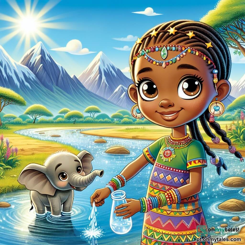 Amina, uma jovem africana de 12 anos, está em pé à beira de um rio cintilante, com olhos brilhantes como estrelas e um grande sorriso no rosto. Ela usa um vestido colorido de tecido tradicional, adornado com padrões africanos, e seus cabelos estão trançados com contas coloridas. Ela observa com admiração a água clara que reflete o céu azul. Ao seu lado, Tembo, um jovem elefante amigável, se mantém majestoso, com suas grandes orelhas flutuando suavemente ao vento. Ele tem pele cinza e olhos suaves, parecendo pronto para ajudar Amina em sua missão. Ao fundo, as Montanhas Nyota se erguem majestosas, tocando as nuvens, enquanto árvores verdes e flores silvestres coloridas embelezam a paisagem. O sol brilha alto no céu, criando uma atmosfera calorosa e acolhedora. A cena principal mostra Amina enchendo seu cântaro com água mágica da fonte, com uma expressão de determinação e alegria, enquanto Tembo a observa com orgulho, pronto para acompanhá-la em seu retorno à aldeia para salvar sua comunidade.