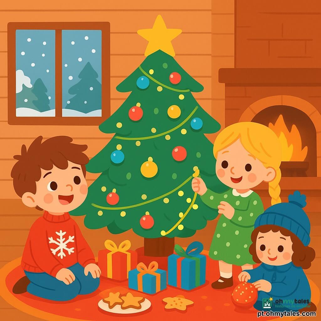 Há 3 personagens: - Léo: um menino de 5 anos com cabelo castanho bagunçado, vestindo um suéter vermelho com flocos de neve. Ele está sentado no tapete macio, com os olhos brilhando de excitação. - Nina: uma menina de 4 anos com longos cabelos loiros trançados, vestida com um vestido verde com bolinhas brancas. Ela está em pé perto da árvore, segurando uma guirlanda brilhante. - Bia: uma menininha de 3 anos com cabelos cacheados castanhos, vestida com um casaco azul e um gorro de lã. Ela está agachada, decorando uma bola de Natal com purpurina. O local é uma charmosa casa de madeira, decorada para o Natal. A árvore, majestosa, está cheia de luzes coloridas e bolas brilhantes. A lareira crepita, projetando uma suave luz dourada, enquanto a neve cai suavemente do lado de fora, criando uma paisagem mágica. A cena principal mostra os três amigos decorando a árvore de Natal juntos, rindo e se divertindo, cercados por presentes coloridos e biscoitos em forma de estrelas.