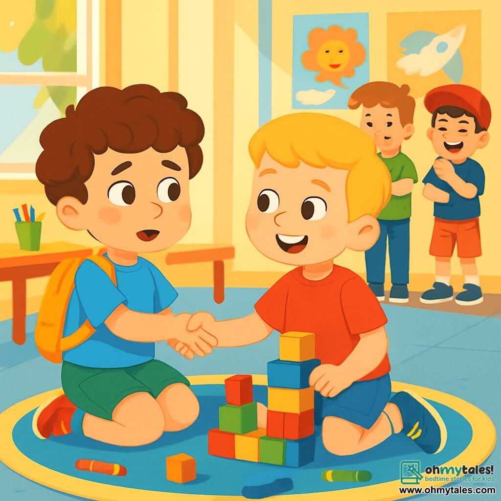 A 6-year-old boy, Ben, with curly brown hair and a big smile, is sitting on a round rug in a bright classroom. He is wearing a blue t-shirt and a small yellow backpack. His eyes shine with excitement, but he looks a bit worried. Next to him is Max, another 6-year-old boy with light-up sneakers, smiling and extending a friendly hand. Max has blonde hair and is wearing a red t-shirt. The classroom is filled with bright colors, with cartoon posters on the walls and multicolored crayons scattered on the tables. Sunlight streams in through the windows at the back, illuminating Ben's face. The main scene shows Ben and Max playing together with blocks, building a tall tower. Ben looks happy but glances nervously at two other boys, Sam and Leo, who are laughing and mocking them. Sam has brown hair and is wearing a green t-shirt, while Leo has black hair and a red cap. They stand apart with mocking smiles, creating a tense atmosphere in this joyful scene.