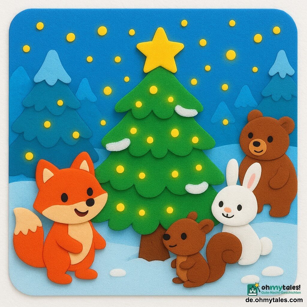 Ein kleiner roter Fuchs namens Finni mit weichem, glänzendem Fell steht freudig vor einem großen Weihnachtsbaum, der mit glitzerndem Schnee bedeckt ist. Seine Augen strahlen vor Glück, während er den Baum betrachtet. Neben ihm beobachtet ein kleiner brauner Eichhörnchen namens Emil mit buschigem Schwanz und schelmischem Lächeln die Szene mit Bewunderung. Viele leuchtende Glühwürmchen fliegen um den Baum und erhellen ihn mit einem sanften goldenen Schimmer. Im Hintergrund schauen ein brauner Bär und ein weißes Kaninchen voller Staunen auf den Baum, während sie Seite an Seite im Schnee stehen. Die Kulisse ist eine magische Winterlandschaft mit schneebedeckten Bäumen und einem sternenklaren Himmel. Die Hauptszene zeigt den Weihnachtsbaum, der dank der Glühwürmchen in tausend Lichtern erstrahlt und eine warme, festliche Atmosphäre im Herzen des verschneiten Waldes schafft.