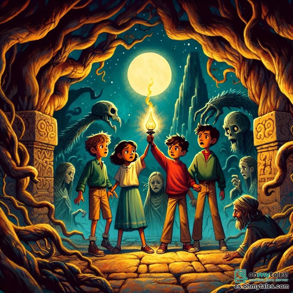 En un claroscuro del misterioso bosque de San Oscuro, cuatro amigos están en círculo. Javier, un niño de 11 años con cabello castaño desordenado y una camiseta roja, sostiene una lámpara de aceite que ilumina sus rostros con un resplandor dorado. A su derecha, Elia, una niña de 11 años con cabello largo y rubio, lleva un vestido azul y mira la luz con ojos llenos de esperanza. A la izquierda, Lucas, un niño de 11 años con gafas y un suéter verde, parece preocupado, con el ceño fruncido. Finalmente, Tomás, un niño de 11 años con cabello negro y piel morena, se encuentra en el centro, tomando las manos de sus amigos, listo para enfrentar el miedo. El lugar es un antiguo círculo de piedras, rodeado de árboles torcidos cuyas ramas parecen querer atrapar la luz. La luna llena brilla arriba, proyectando sombras danzantes en el suelo, mientras ruidos misteriosos resuenan en el aire fresco de la noche. Los cuatro amigos se enfrentan a una sombra amenazante que emerge de las tinieblas, una silueta borrosa e inquietante, mientras se mantienen firmes juntos, decididos a superar su miedo y llevar la luz a la oscuridad.