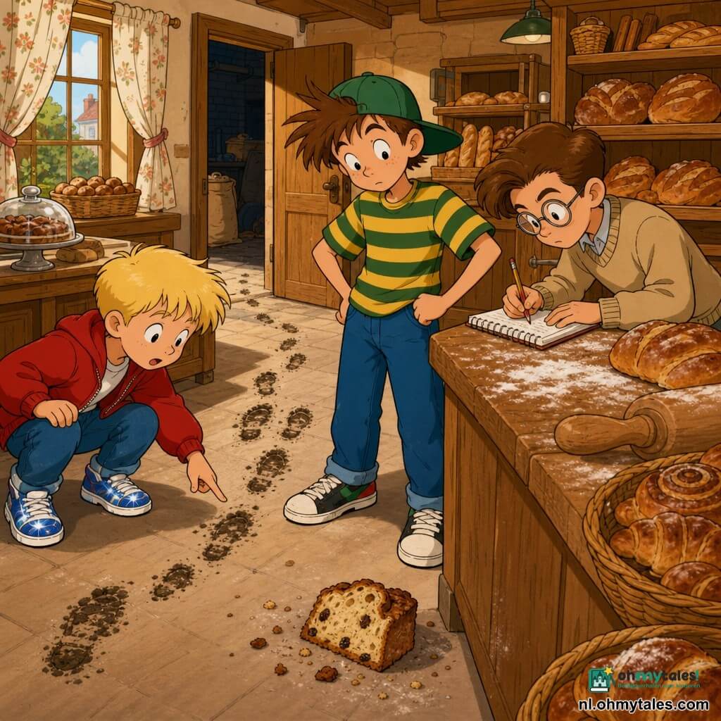 Drie jongens: Bas (ca. 9) met een scheefgezette groene pet, groen-geel gestreept T‑shirt en warrig bruin haar, middenvoor met nieuwsgierige blik en handen in de zij als een speurder; Sem (ca. 8), klein, met glanzende blauwe sneakers, rode jas en kort blond haar, links van Bas, gehurkt en wijst naar kleine modderafdrukken op de grond; Timo (ca. 10) met ronde bril, notitieboekje, beige trui en net gekamd kastanjebruin haar, rechts van Bas, gebogen om aantekeningen te maken en geconcentreerd. Binnen in een warme oude bakkerij: lichte houten toonbank, planken vol goudbruin brood en gebak, meel op het werkblad, gebloemd gordijntje bij het raam en zachte ochtendzon door de open deur. Situatie: de drie jongens onderzoeken een stuk rozijnenbrood bij de toonbank; modderafdrukken leiden naar een kierige achterdeur, vriendelijke mysterieuze sfeer met warme kleuren en gedetailleerde texturen.