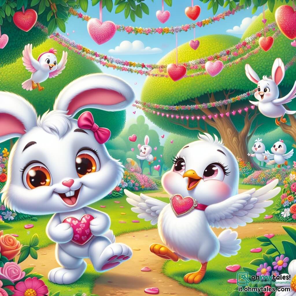 Valentino, un adorabile coniglietto bianco con grandi orecchie e un sorriso splendente, sta danzando gioiosamente in un parco colorato, circondato da fiori vivaci e palloncini a forma di cuore, con occhi scintillanti di felicità. Accanto a lui, Clara, una dolce colomba con piume bianche e rosa, vola graziosamente nell'aria, il suo viso radioso di gioia mentre applaude Valentino. Il parco è pieno di alberi verdi, ghirlande di cuori appese e altri animali che si divertono intorno a loro, creando un'atmosfera festosa e calorosa. La scena principale mostra Valentino che offre biscotti a forma di cuore a Clara, mentre ridono insieme, celebrando l'amicizia e l'amore durante una gioiosa festa di San Valentino.