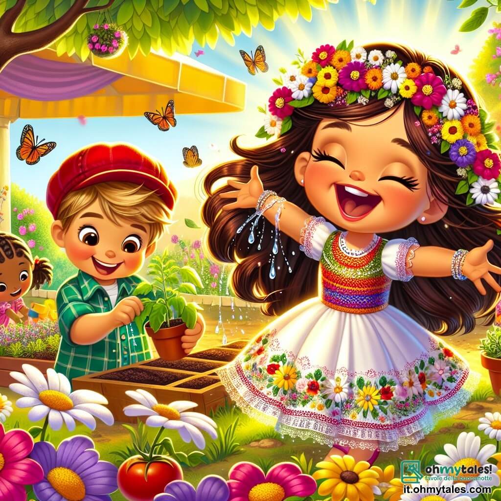 Una bambina di 6 anni, Sofia, con lunghi capelli castani e occhi scintillanti di gioia, indossa un vestito colorato decorato con fiori. Sorride ampiamente, con le braccia aperte, ammirando un giardino vibrante di colori, pieno di margherite bianche e gialle che danzano nella brezza primaverile. Accanto a lei, un ragazzo di 6 anni, Marco, con capelli biondi arruffati e un cappellino rosso, tiene in mano una piccola pianta di pomodoro, sembrando orgoglioso ed entusiasta. Un po' più in là, una ragazza di 6 anni, Giulia, con capelli neri intrecciati e un vestito verde, annaffia le sue erbe aromatiche, concentrata e sorridente. Il giardino è un luogo incantevole, illuminato da una luce dorata, con fiori brillanti, farfalle che svolazzano e uccelli che cantano sugli alberi. Sullo sfondo, si può vedere un grande tavolo decorato con tovaglie colorate e cibi deliziosi, pronto per una festa di primavera. La scena principale mostra Sofia e i suoi amici intenti a piantare fiori e ortaggi, ridendo e aiutandosi a vicenda, creando insieme un magnifico giardino comunitario, simbolo della loro amicizia e della bellezza della primavera.