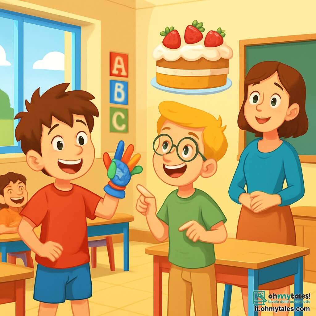 Ci sono 2 personaggi principali: Giacomo, un ragazzo di 10 anni con capelli castani disordinati, che indossa una maglietta rossa e un pantaloncino blu, è in piedi a sinistra con un guanto magico colorato e un sorriso entusiasta; Matteo, un ragazzo di 10 anni con capelli biondi e occhiali rotondi, vestito con una maglietta verde e pantaloni beige, è a destra di Giacomo, ridendo e indicando la torta di fragole che fluttua sopra la testa dell'insegnante. La scena si svolge in un'aula di scuola primaria luminosa, con pareti gialle e poster colorati di lettere e numeri, banchi di legno e sedie multicolori. Al centro della stanza, una torta di fragole, deliziosa e decorata con panna, fluttua sopra l'insegnante, creando un'atmosfera magica e gioiosa. La situazione principale mostra Giacomo e Matteo, con gli occhi brillanti di malizia, mentre cercano di far apparire una torta di fragole sopra la testa dell'insegnante senza farsi scoprire, mentre gli altri bambini ridono e l'insegnante, sorpresa, guarda la torta con un sorriso divertito.