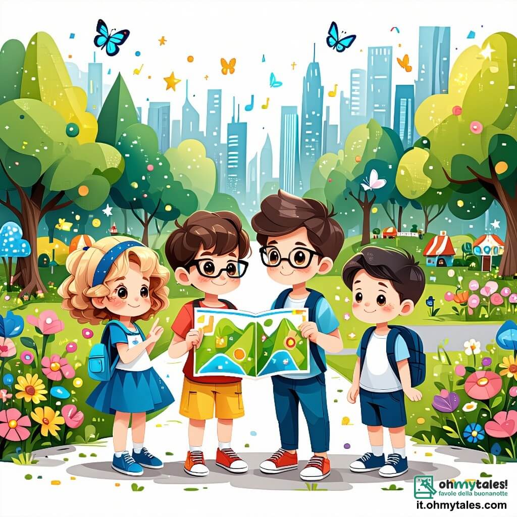 Quattro amici si trovano al centro di un parco futuristico, circondati da fiori musicali e farfalle robotizzate. Leo, un ragazzo di sei anni con capelli castani e occhiali rotondi, sorride tenendo una mappa del parco. Alla sua destra, Sofia, una ragazza con capelli biondi e ricci, disegna stelle nell'aria con le dita. A sinistra, Marco, un ragazzo con capelli neri e corti, osserva attentamente un puzzle geometrico che fluttua davanti a lui. Infine, Giulia, una ragazza con capelli castani e lisci, è seduta nella sua sedia a rotelle volante, illuminata da luci colorate, e guarda i suoi amici con un grande sorriso. Il parco è un luogo magico, pieno di grattacieli scintillanti sullo sfondo, sentieri che cambiano colore e statue robotiche che raccontano storie. Gli alberi con foglie luminescenti danzano dolcemente al vento, e robot amichevoli interagiscono con i bambini. I quattro amici scoprono una porta segreta dietro una statua robotica silenziosa, pronti a entrare in un tunnel misterioso che li porterà a un'avventura incredibile per salvare il Grande Robot del parco.