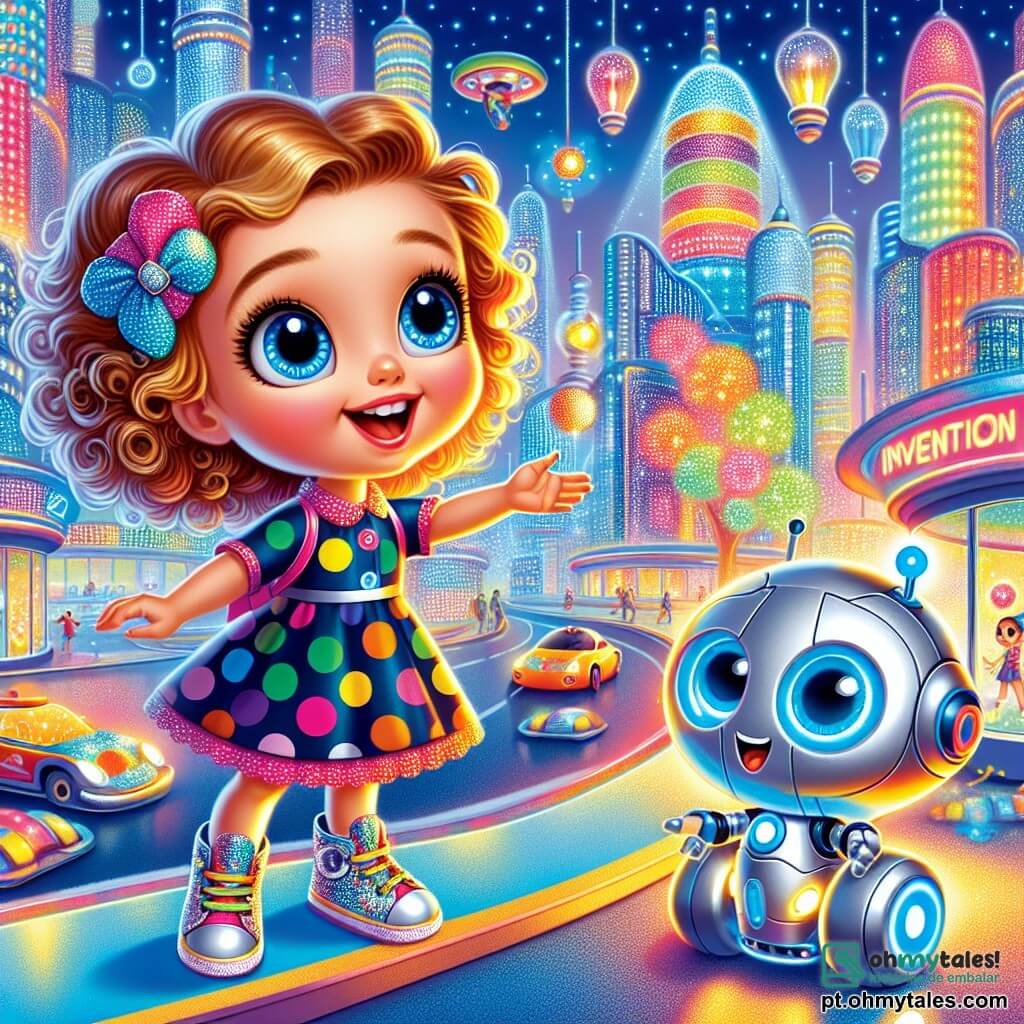 Uma menina de 4 anos, Lila, com grandes olhos brilhantes e cabelos cacheados, sorri com encanto. Ela usa um vestido colorido de bolinhas e tênis iluminados. Ao seu lado, um pequeno robô chamado Pip, com corpo prateado e olhos redondos e expressivos, faz piruetas flutuando no ar. O cenário é a Cidade das Luzes Saltitantes, onde edifícios futuristas brilham em mil cores sob um céu azul radiante. Carros voadores deslizam suavemente sobre as ruas movimentadas, e árvores com folhas luminosas dançam ao vento. Lila e Pip estão diante de uma máquina de invenções, prontos para descobrir uma nova aventura. Lila, cheia de empolgação, estende a mão em direção ao botão luminoso da máquina, enquanto Pip, com um sorriso alegre, a incentiva a pressioná-lo.