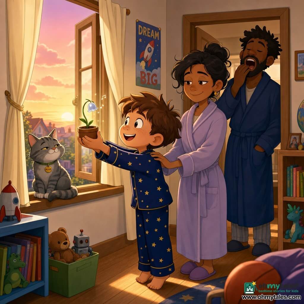 An 8-year-old boy, Milo, with a round freckled face, tousled chestnut hair and bright wide eyes, in navy star pajamas, stands on tiptoe at an open window at sunrise, beaming proudly as he holds a small clay pot with a tiny stem and a silver bellbud that tinkles, golden-pink light on his skin; a gray tabby cat named Pickle sits on the sill, tail curled, half-closed eyes watching the bell; the father (about 35) in a rumpled robe yawns and smiles in the doorway with hands in his pockets, and the mother (about 34) in a soft robe stands beside him with a hand on Milo’s shoulder, tenderly amused; cozy bedroom/living room with wooden floor, light curtains, toys and books in the background, warm, gentle, slightly comic magical morning.