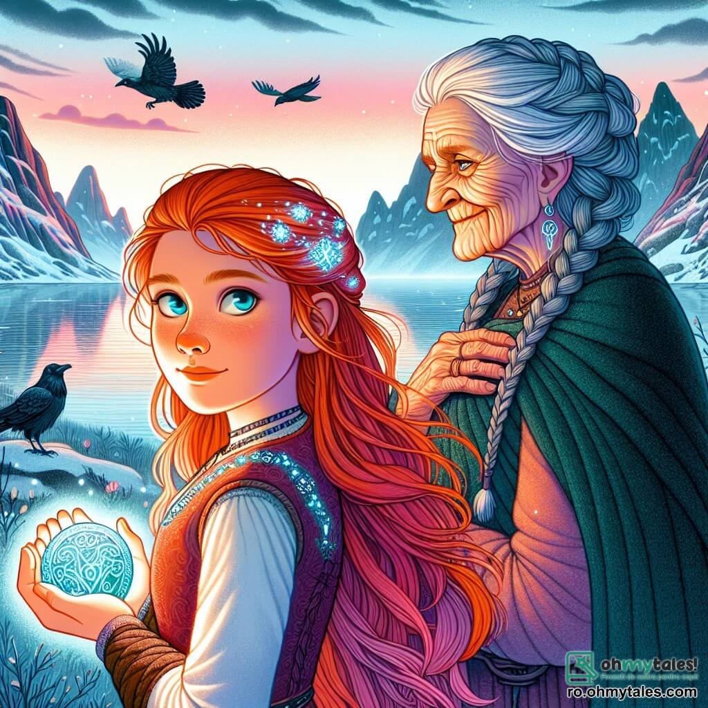 O tânără vikingă, Astrid, stă pe marginea unei stânci, cu fața iluminată de lumina blândă a zorilor. Are părul roșu strălucitor, fluturând în vânt, și ochi albastru-gheață, plini de uimire și hotărâre. În mâini, ține o piatră rotundă, decorată cu rune strălucitoare, care emite o lumină misterioasă. Lângă ea, bătrâna Ragnhild, o femeie de șaptezeci de ani, cu părul gri împletit și fața ridată, o privește cu o expresie de înțelepciune și încurajare. Poartă o rochie din lână închisă la culoare și stă puțin înapoi, cu brațele încrucișate, ca și cum ar proteja un secret vechi. Peisajul este unul nordic măreț, cu munți acoperiți de zăpadă în fundal, un cer colorat în nuanțe de roz și portocaliu, și un fiord calm care reflectă lumina dimineții. Corbii zboară deasupra lor, adăugând o notă de mister scenei. Astrid, plină de curaj, se pregătește să urmeze chemarea runelor, gata să-și descopere destinul dincolo de stânci, în timp ce marea murmura promisiuni de aventură și magie.