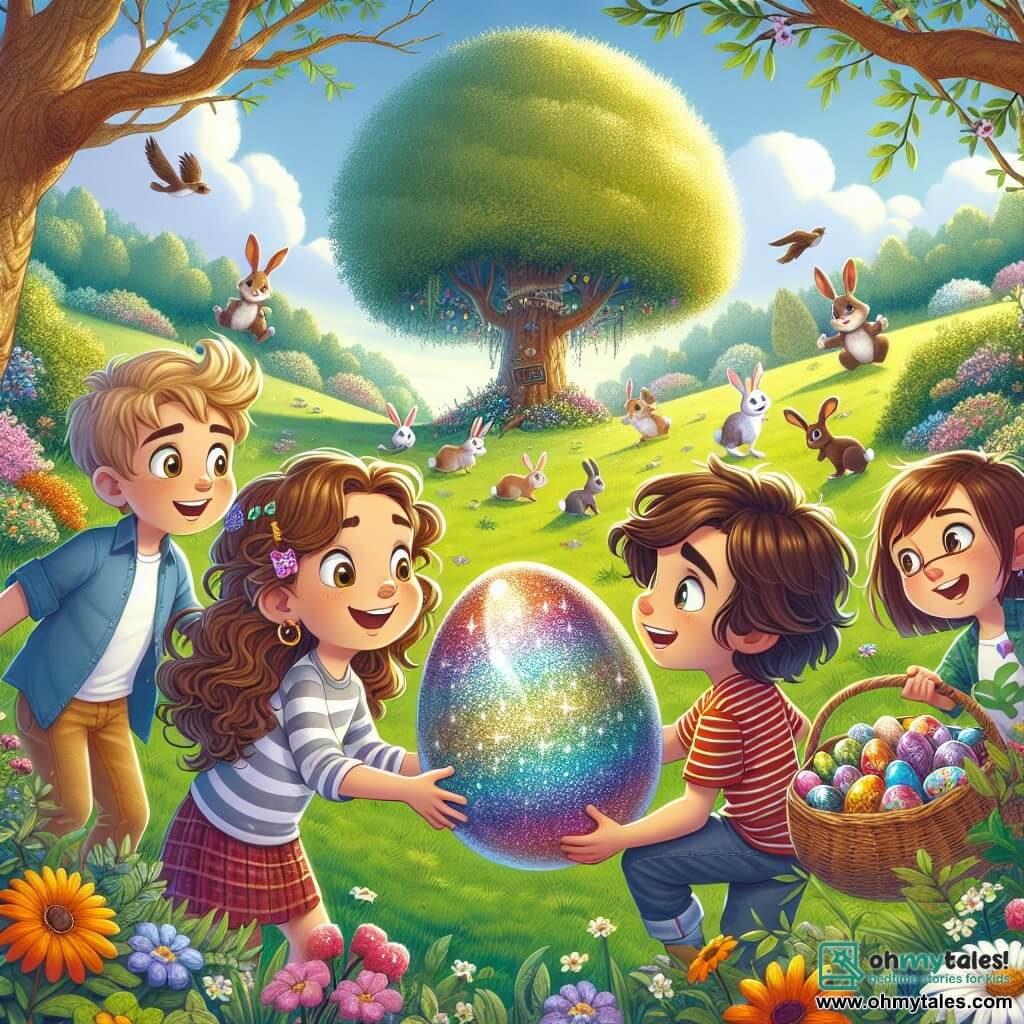 In the center of the image, Sam, an 11-year-old boy with curly hair and a mischievous smile, holds a large, sparkling colored egg in his hands. To his right, Emma, a 10-year-old girl with brown pigtails and glasses, gazes at the egg with wide eyes. On the left, Leo, an 11-year-old boy with smooth hair and round glasses, points to a group of playful rabbits hopping around them. Finally, Jake, an 11-year-old boy with brown hair and a striped t-shirt, stands in the background holding a basket filled with chocolates, a big smile on his face. The setting is a beautiful sunny meadow dotted with colorful flowers and green trees, under a clear blue sky with fluffy white clouds. In the distance, a large tree with a nest can be seen, and the ground is covered with small chocolate eggs hidden among the grass. The main scene shows the four friends discovering a sparkling magical egg in the meadow, surrounded by curious rabbits, ready to start their Easter adventure, filled with laughter and a joyful atmosphere.