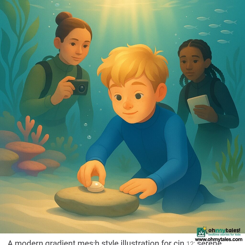 A 12-year-old boy with a round freckled face and tousled blond hair, amazed and calm, floats in a blue wetsuit placing a polished shell on a flat rock above smooth sand; Ranger Nia, about 30–35, fair-skinned with brown hair in a bun and a protective gaze, in a khaki wetsuit films gently from just behind him with a small waterproof camera; Lark, a 14–15-year-old girl with tanned skin and dark braids, shy but relieved in a black wetsuit, holds a small laminated notebook and hovers near a semicircle of shells. The setting is a shallow underwater basin called the Sand Mirror with perfectly smooth white sand, golden shafts of filtered sunlight, pastel coral benches, gently swaying green kelp and schools of silvery fish. The scene is a quiet, solemn moment of placing and observing marked shells in respect for the reef, centered on the boy, with light rippling on the sand and fine bubbles rising.