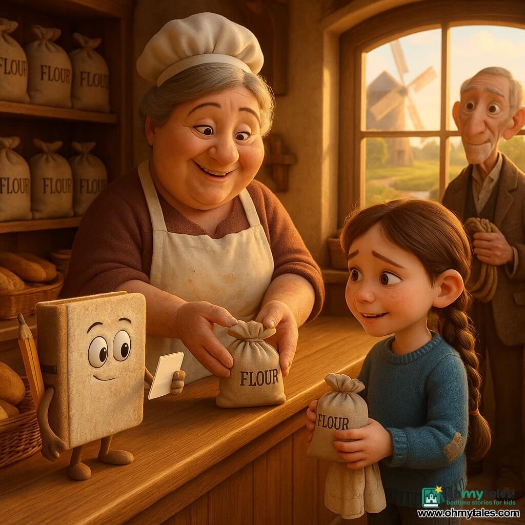 An anthropomorphic animated notebook (main character), small rectangular with a slightly worn cream fabric cover, drawn eyes on the spine and a yellow pencil tucked behind the "binding," curious serene expression, standing on a polished wooden counter and holding an open page like a hand to show a note; Jory, a lively ~9-year-old girl, small, blue patched sweater, braided hair, embarrassed but relieved, offering a small sack of flour and a sewn apron standing near the notebook; Mrs. Berry, a round kind baker with gray hair in a bun and a flour-streaked white apron, warm smile and floury hands behind the counter ready to accept the sack; Mr. Harrow, an elderly thin miller in a brown wool jacket holding a new coil of rope, in the background by the door watching approvingly; setting: bright small bakery with wooden counter, shelves of labeled beige flour sacks and baskets of golden bread, warm light through a window showing a distant old windmill and stream; scene: exchange of the flour sack and a gentle apology, notebook reading the note, warm reconciliation, soft textures, warm colors, matte inviting lighting.