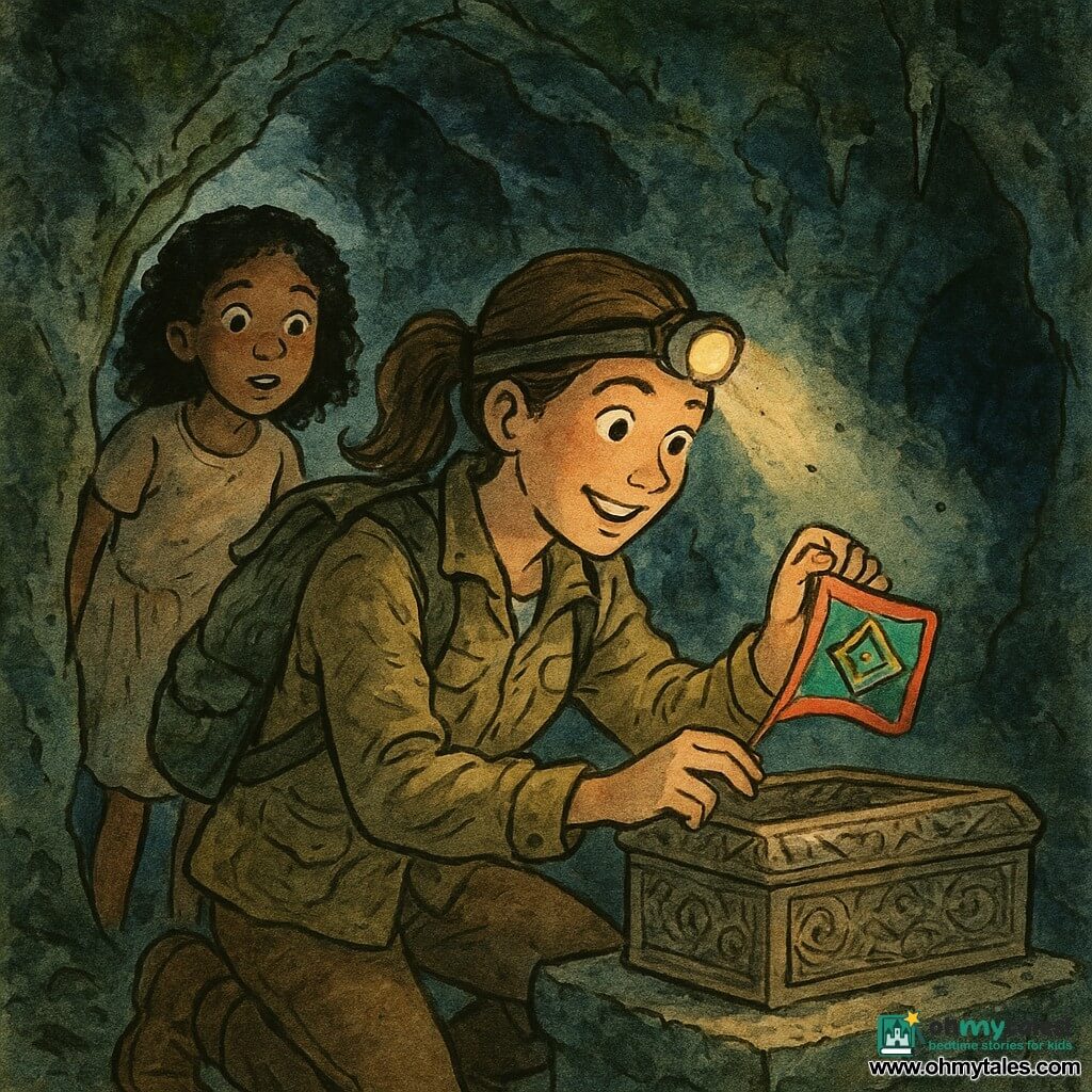 A determined, smiling female explorer with bright eyes and a brown ponytail, wearing a wrinkled khaki jacket and canvas backpack, kneels to gently open a small ornate chest on a stone pedestal containing a colorful embroidered flag she holds carefully; an about-8-year-old girl with curly hair and a simple dress stands behind her to the left, peering through an opening with her mouth slightly open in awe; the scene is in a hidden chamber carved in rock with rough gray stone walls, dark green moss and small stalactites, dust visible in a headlamp beam, warm light on their faces, bluish shadows in the corners, and vivid ink-like touches on the flag and chest details.
