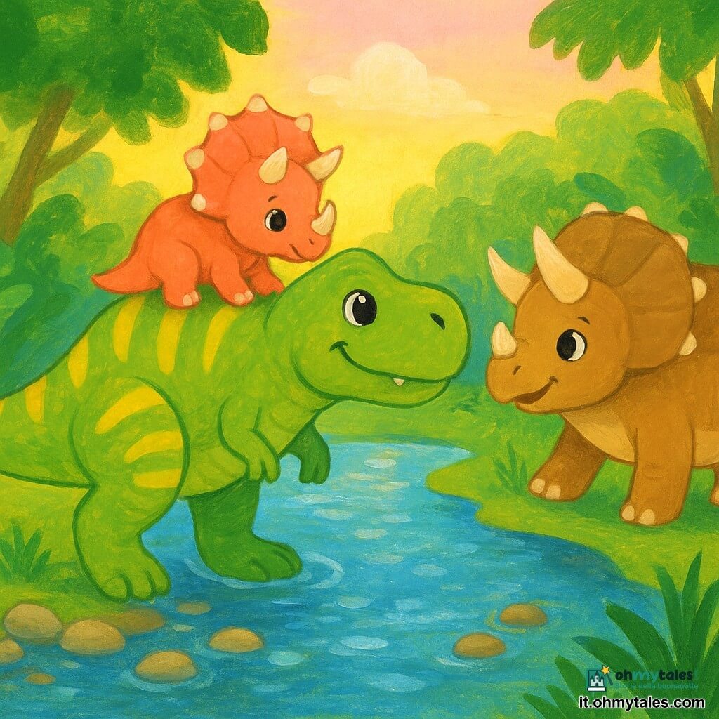 Tyrannosauro rex dolce e sorridente, grandi squame verde chiaro con strisce gialle, occhi tondi e luminosi, postura protettiva, china la testa e porta sul dorso un piccolo triceratopo bebè chiamato Nino, corallo e crema, che tiene la coda del T. rex e guarda verso l'altra riva; la madre triceratopo, più grande, corazza marrone e beige e corna arrotondate, attende sull'altra sponda con le zampe aperte come per abbracciare il piccolo; al centro un ruscello scintillante con acqua azzurra chiara e ciottoli visibili, bordi con erbe alte e felci scure; sullo sfondo una giungla luminosa con alberi dal tronco spesso, foglie ampie, volute di nebbia mattutina e cielo rosa pallido e giallo; composizione semplice e leggibile che trasmette calore, sicurezza e gioia, con forme rotonde, colori vivaci e contrastati e tratto morbido adatto ai più piccoli.