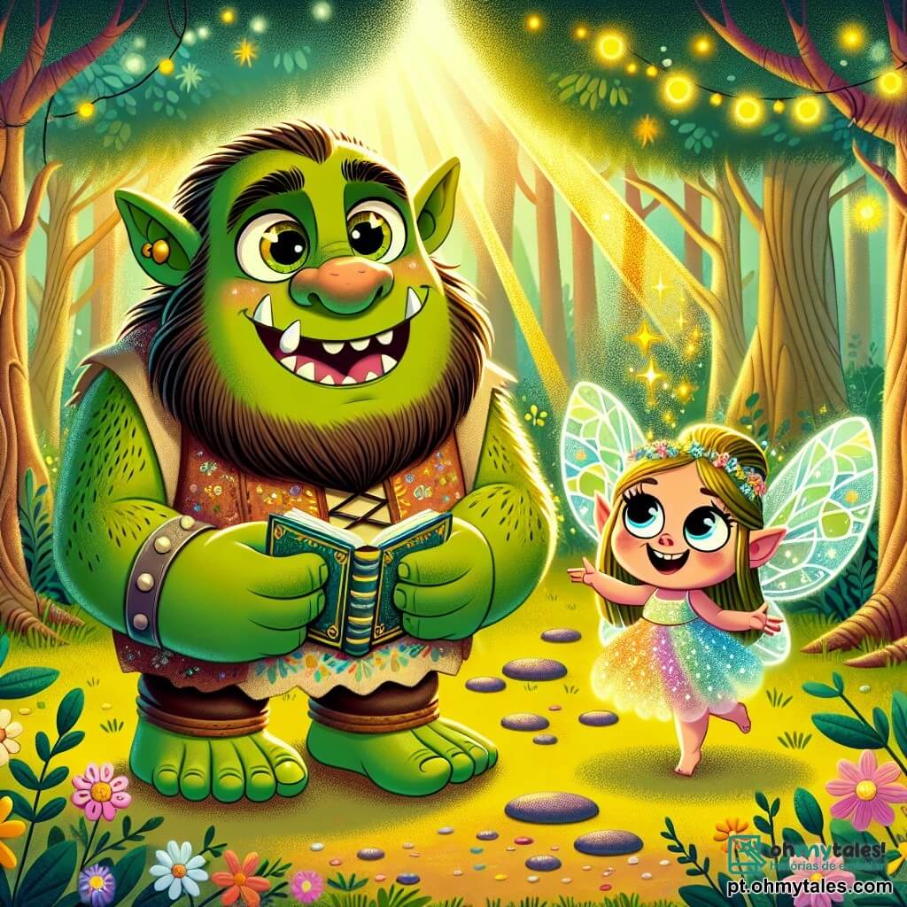 Um ogro chamado Olavo, com pele verde e rugosa, olhos brilhantes de curiosidade e um largo sorriso, está no centro de uma clareira encantada, segurando um livro mágico em suas grandes mãos. Ele veste uma túnica colorida, decorada com padrões de flores, e seu rosto expressa alegria e excitação. Ao seu lado, Glória, uma pequena fada com asas cintilantes e cabelos dourados, voa alegremente. Ela mede cerca de 15 centímetros, com um vestido feito de pétalas de flores, e sorri enquanto aponta para um caminho secreto na floresta. O local é uma clareira mágica, cercada por árvores de troncos coloridos e folhas brilhantes, onde flores luminosas dançam ao vento. Raios de sol penetram pela folhagem, criando uma atmosfera acolhedora. A cena principal mostra Olavo e Glória descobrindo o caminho secreto que os levará à lendária Pedra da Transformação, cheios de entusiasmo e determinação, prontos para viver uma aventura incrível juntos.
