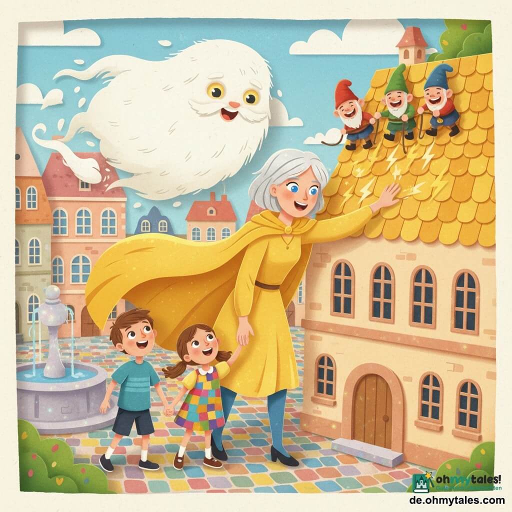 Leuchtende Heldin, sehr lächelnd aber konzentriert, kurze silberne Haare, blaue Augen, gelber Mantel wie Sonnenstrahl, legt die Hand auf das Rathausdach und sendet kleine goldene Funken, die die Ziegel verschweißen; ein etwa 8-jähriger Junge mit kurzen braunen Haaren hält die Hand eines etwa 6-jährigen Mädchens im bunten Kleid, beide unten auf dem Platz schauen auf; drei laute, schelmische Gnome (runde Formen, spitze Hüte rot, grün, blau) springen am Dachrand, ziehen kleine Seile und lachen; ein großer freundlicher Nebelgeist (weiße, verschwommene Gestalt mit funkelnden Augen und langer, vaporöser Bart) schwebt hinter der Heldin und löst sich sanft auf; Szene auf dem zentralen Platz von Funkelstadt mit bunten Pflastersteinen, funkelndem Stebrunnen, Rathausdach in goldenem Gelb, pastellfarbenen Häusern, heller Stimmung, warmen Farben, klaren Kontrasten, sichtbarer Papierschnitt-Textur, weichen Schatten — die Superheldin repariert das Dach mit freundlichen Blitzen, während Kinder und Gnome sie anfeuern und der Nebel sich lichtet.