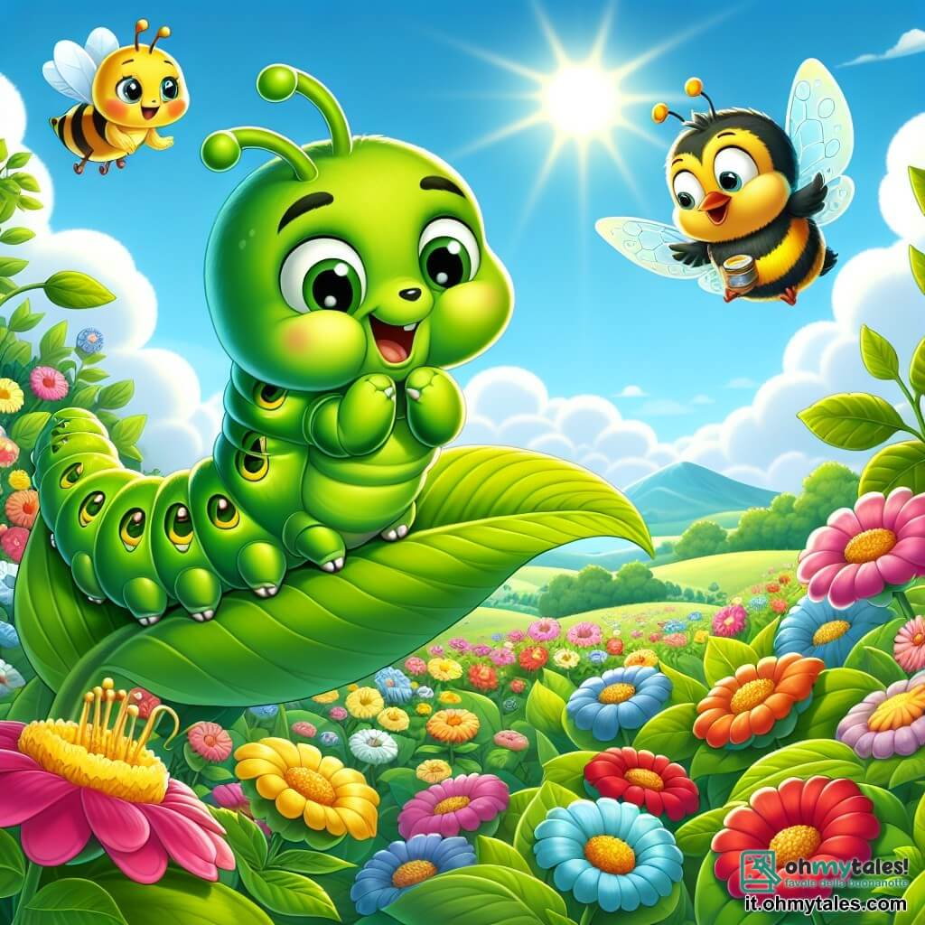 Un piccolo bruco di nome Bruno, con un corpo verde brillante e occhi pieni di curiosità, si trova al centro della scena, sorridente e guardandosi intorno con meraviglia. Sta arrampicandosi su una grande foglia verde, circondato da fiori colorati con petali rosa, gialli e blu, che sbocciano sotto il sole radioso della primavera. Alla sua destra, un'ape gioiosa di nome Lella, con strisce nere e gialle brillanti e piccole ali trasparenti, vola intorno a lui, sorridendo e portando un piccolo vaso di miele. A sinistra, un pettirosso di nome Tito, con un piumaggio rosso vivo sul petto e occhi maliziosi, si appollaia su un ramo, cantando una dolce melodia. Il decor è una valle soleggiata, piena di fiori vivaci e alberi maestosi, con un cielo blu chiaro punteggiato di nuvole bianche e soffici. La scena principale mostra Bruno, Lella e Tito che celebrano l'arrivo della primavera, circondati dalla bellezza della natura, pronti a vivere avventure insieme.