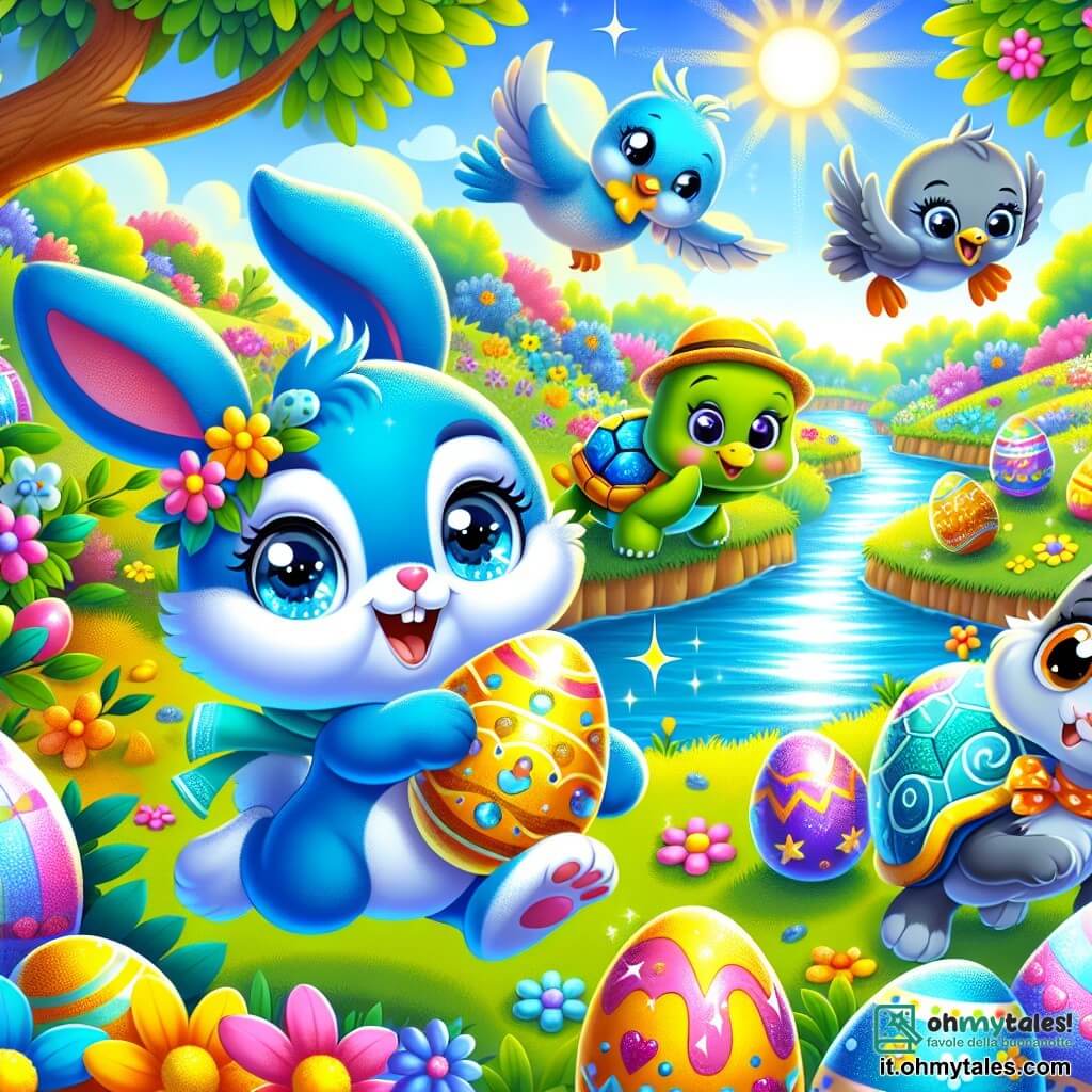 Un adorabile coniglietto blu di nome Bubi, con grandi occhi scintillanti e un sorriso gioioso, si trova al centro di un giardino colorato, circondato da uova di Pasqua decorate. Sta saltando di gioia, tenendo un uovo dorato nelle zampe anteriori. Alla sua destra, una tartaruga verde di nome Titti, con un guscio ornato di fiori, lo guarda sorridendo, tenendo un uovo giallo. A sinistra, un piccione grigio di nome Pino, con un piccolo cappello di paglia, vola sopra di loro, tenendo un uovo colorato. Nel giardino ci sono fiori vivaci, alberi e un ruscello scintillante sullo sfondo, mentre il sole illumina la scena. Bubi e i suoi amici celebrano la magia di Pasqua, pronti per una grande caccia al tesoro.