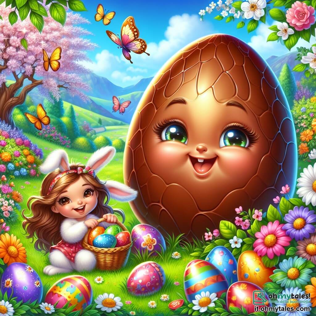 Un uovo di cioccolato lucido, con una superficie dorata e occhi scintillanti di gioia, si trova al centro di un giardino colorato, circondato da fiori vivaci e alberi in fiore. Questo uovo, con un sorriso radioso, sta nascondendo uova decorate nell'erba verde, pronto a sorprendere i bambini. Vicino a lui, una bambina gioiosa, con lunghi capelli castani e un vestito colorato, ride tenendo un cesto pieno di uova dipinte. Ha occhi brillanti di eccitazione e sembra impaziente di iniziare la caccia alle uova. Un adorabile coniglietto bianco, con grandi orecchie e un pelo setoso, salta felice intorno a lei, tenendo una carota tra le zampe anteriori, aggiungendo un tocco di magia alla scena. Il giardino è un vero e proprio quadro primaverile, con fiori multicolori, farfalle che svolazzano nell'aria e un cielo blu splendente. Sullo sfondo, un grande albero di ciliegio in fiore aggiunge dolcezza all'insieme. La scena principale mostra l'uovo di cioccolato e la bambina mentre si preparano per la caccia alle uova di Pasqua, pieni di risate e anticipazione, mentre il coniglio si diverte ad aiutarli a nascondere le sorprese nel giardino incantato.