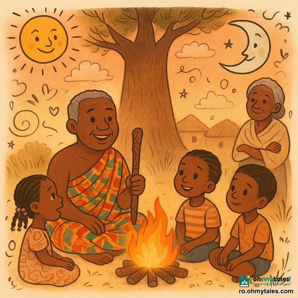 Un bărbat pe nume Kwame, cu față zâmbitoare și piele închisă, păr scurt cenușiu, îmbrăcat într-un pagne kente, șede sub un baobab uriaș ținând un toiag sculptat și povestind; un băiat de circa 6 ani și o fetiță de circa 5 ani, captivați, stau de o parte și de alta, iar o femeie vârstnică îi veghează; pe cerul portocaliu al amurgului Soarele auriu și Luna argintie, cu fețe blânde, par să danseze între nori rosa; scena are loc într-o poiană lângă bordeie cu acoperișuri de paie, iar povestea despre Soare și Lună creează un moment magic și liniștitor.