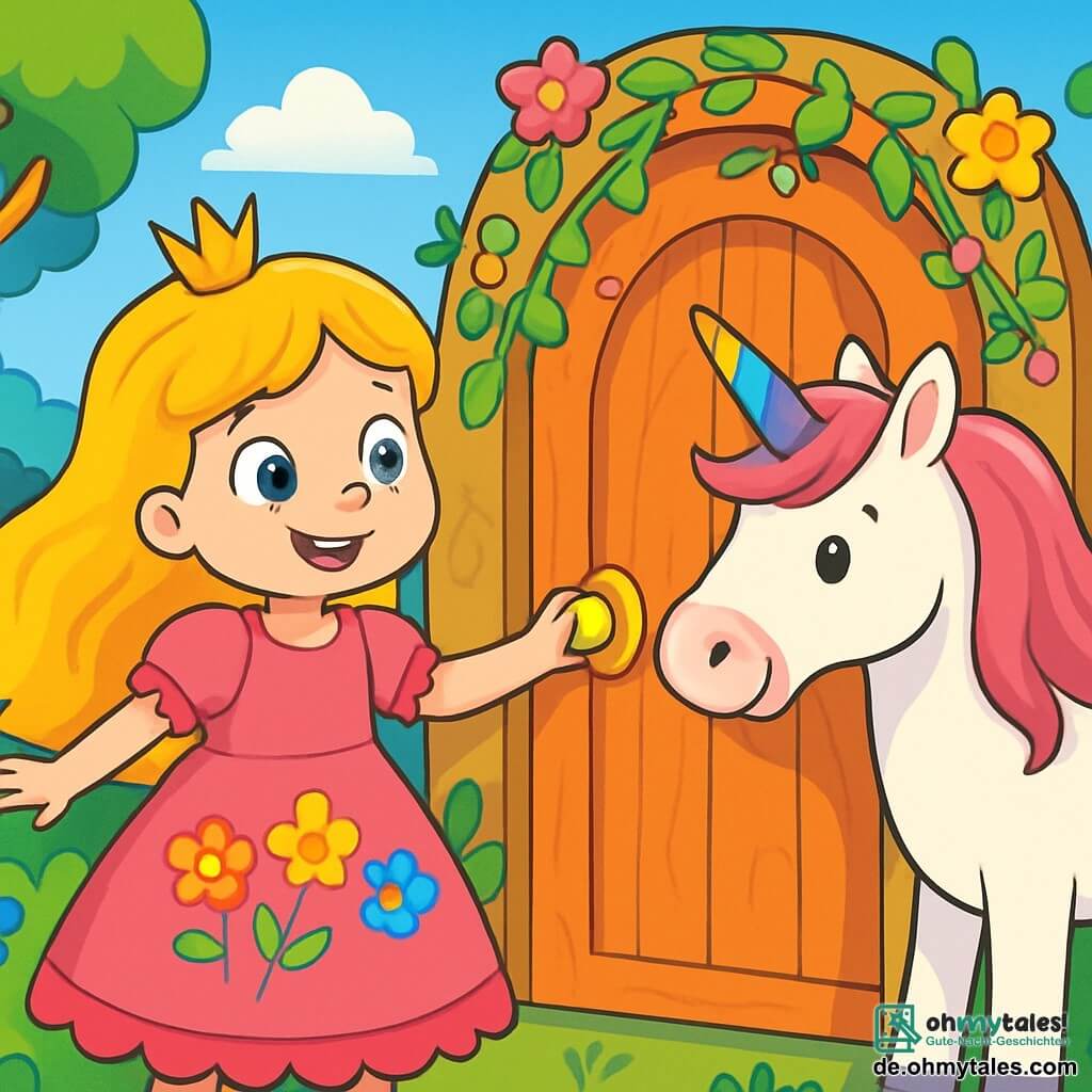 Eine Prinzessin namens Lila, etwa 8 Jahre alt, steht im Mittelpunkt der Szene. Sie hat lange, wellige, goldene Haare und trägt ein leuchtend pinkes Kleid, das mit bunten Blumen verziert ist. Ihr Gesicht strahlt Neugier und Staunen aus, ihre großen, glänzenden Augen spiegeln die Magie des Moments wider. Neben ihr steht ein majestätisches Einhorn mit strahlend weißem Fell und einem schimmernden, regenbogenfarbenen Horn, das sie wohlwollend ansieht und bereit ist, ihr bei ihrem Abenteuer zu helfen. Im Hintergrund erstreckt sich ein verzauberter Garten voller bunter Blumen, großer Bäume mit schillernden Blättern und einem klarblauen Himmel, der mit fluffigen Wolken übersät ist. Die Szene zeigt Lila, die eine geheimnisvolle Tür entdeckt, umgeben von Lianen und Blumen, bereit, sie mit einem großen Lächeln auf ihrem Gesicht zu öffnen, während das Einhorn sie liebevoll ermutigt.