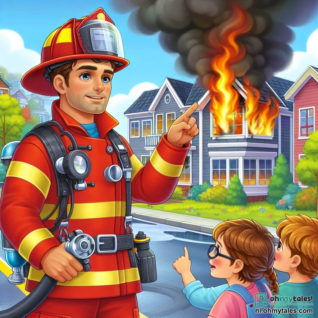 Een man, de brandweerman Koen, staat voor een groot huis in brand, met een vastberaden en moedige blik op zijn gezicht. Hij draagt een felrode uniform, een glanzende helm en houdt een brandslang vast, klaar om de vlammen te blussen. In de buurt kijken drie kinderen, twee jongens en een meisje, met bewondering toe. De jongen met bruin haar, ongeveer 8 jaar oud, draagt een blauwe t-shirt en shorts. Hij wijst naar het vuur met grote ogen. Het meisje, 7 jaar oud, heeft blonde vlechten en draagt een roze jurk; ze houdt de hand van haar jongere broertje vast, een 5-jarig jongetje met een bril, die de brandweerman met een verwonderde glimlach aankijkt. De scène speelt zich af in een woonwijk, met kleurrijke huizen en groene bomen eromheen. Het brandende huis stoot zwarte rook uit, terwijl de lucht blauw is, wat contrasteert met de felle vlammen. Brandweerman Koen is van plan het vuur te blussen door de vlammen met zijn slang te besproeien, terwijl de kinderen hem aanmoedigen met opgewonden kreten, wat een sfeer van moed en samenwerking creëert.