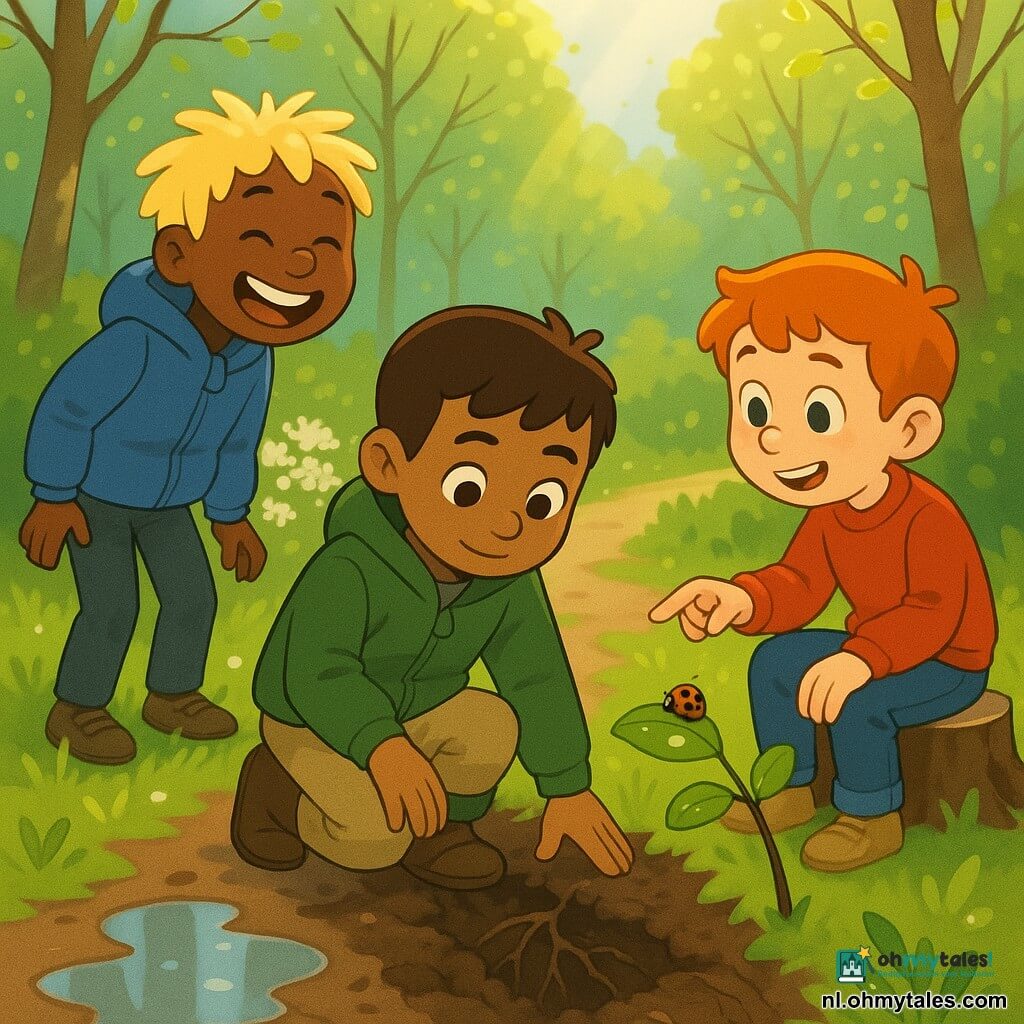 Er zijn drie jongens: Timo (±8 jaar) met kort bruin haar, groene jas en bruine laarzen, gehurkt in het midden terwijl hij met zijn hand de vochtige donkere aarde raakt en aandachtig naar de grond kijkt; Bram (±7 jaar) met warrig blond haar en blauwe anorak, links van Timo, die met een grote glimlach zijn hoofd voorover buigt en de frisse lucht inademt; Raf (±9 jaar) met rood haar en rode trui, rechts van Timo zittend op een klein paaltje, wijst naar een klein rood lieveheersbeestje met zwarte stippen op een blad. Plaats: een lentepad in het bos met groene grassprieten, glinsterende plasjes, jonge lichtgroene blaadjes aan de takken, een vlierstruik met witte bloemen op de achtergrond en zachte zonnestralen. Hoofdactie: de jongens ontdekken de lentegeur van de aarde; intieme, vrolijke sfeer met dauwdruppels op bladeren en zichtbare moddertexturen en modderige laarzen.