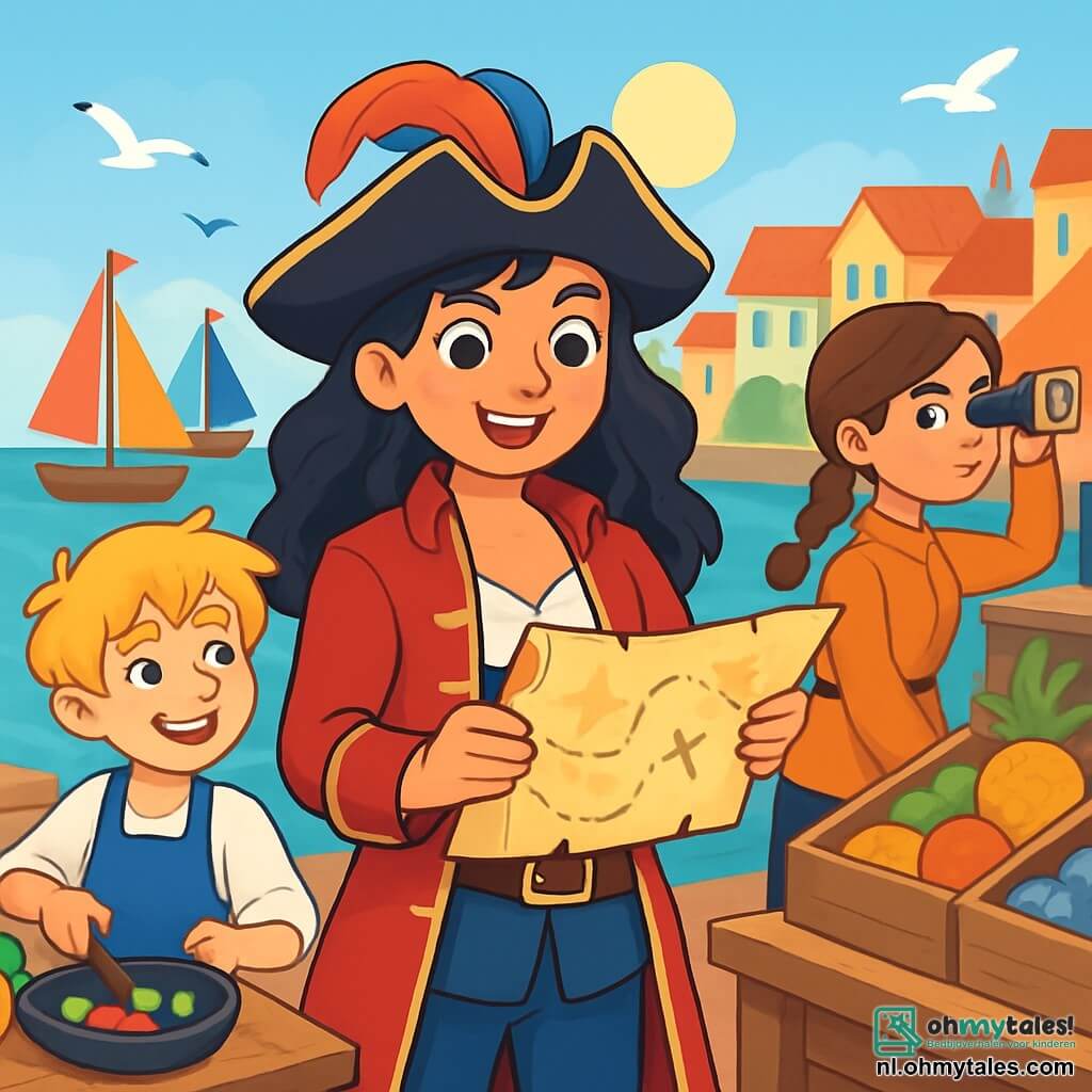 Een jonge vrouwelijke piraat, Kapitein Mara, staat trots op de houten kade van de havenstad Zeebries. Ze heeft lang, golvend, diepzwart haar en draagt een piratenhoed versierd met een kleurrijke veer. Haar blik is vastberaden en sprankelend van opwinding terwijl ze een oude schatkaart vasthoudt. Naast haar bereidt een 12-jarige jongen, Finn, de scheepskok, een gerecht met exotische ingrediënten. Hij heeft wildblond haar en een ondeugende glimlach en kijkt met bewondering naar Mara. Iets verderop speurt Noor, de wijze en slimme navigator van 14 jaar, met een verrekijker de horizon af, met haar bruine haar in een nette vlecht. De omgeving is levendig: kleurrijke zeilboten drijven op het turquoise water, meeuwen vliegen boven hun hoofden, en kramen met vers fruit en vis staan langs de kade. De zon schijnt fel en werpt dansende schaduwen op het versleten hout. Mara, vol energie, toont de mysterieuze kaart aan haar vrienden, klaar om op avontuur te gaan naar een verborgen schat, terwijl opwinding en anticipatie op hun gezichten te lezen zijn.