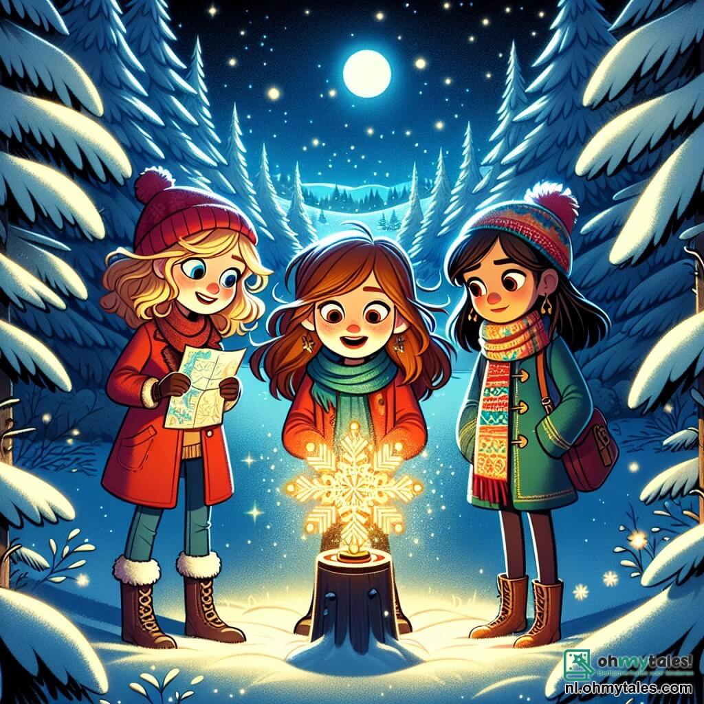 Drie meisjes, Lisa, Emma en Noor, staan in het midden van een betoverende open plek in een besneeuwd bos. Lisa, 12 jaar oud, heeft krullend blond haar en draagt een felrode jas, ze kijkt verwonderd naar de grote sneeuw die onder het maanlicht schittert. Emma, ook 12 jaar, heeft kastanjebruin haar en draagt een wollen muts, ze glimlacht terwijl ze een papieren kaart vasthoudt. Noor, de rustigste van de drie, heeft steil zwart haar en draagt een kleurrijke sjaal, ze kijkt aandachtig naar een prachtige sneeuwbol die op een stenen voetstuk staat.

De open plek is omringd door hoge met sneeuw bedekte dennenbomen, en sneeuwvlokken vallen zachtjes uit de sterrenhemel, wat een magische sfeer creëert. In het midden straalt de sneeuwbol een gouden gloed uit, die de gezichten van de meisjes verlicht met een warme gloed.

De meisjes hebben zojuist de magische sneeuwbol ontdekt die de kracht heeft om de magie van Kerstmis te herstellen, en ze zijn klaar om de uitdaging aan te gaan om deze terug te brengen naar de Wachter van de kerstmagie.