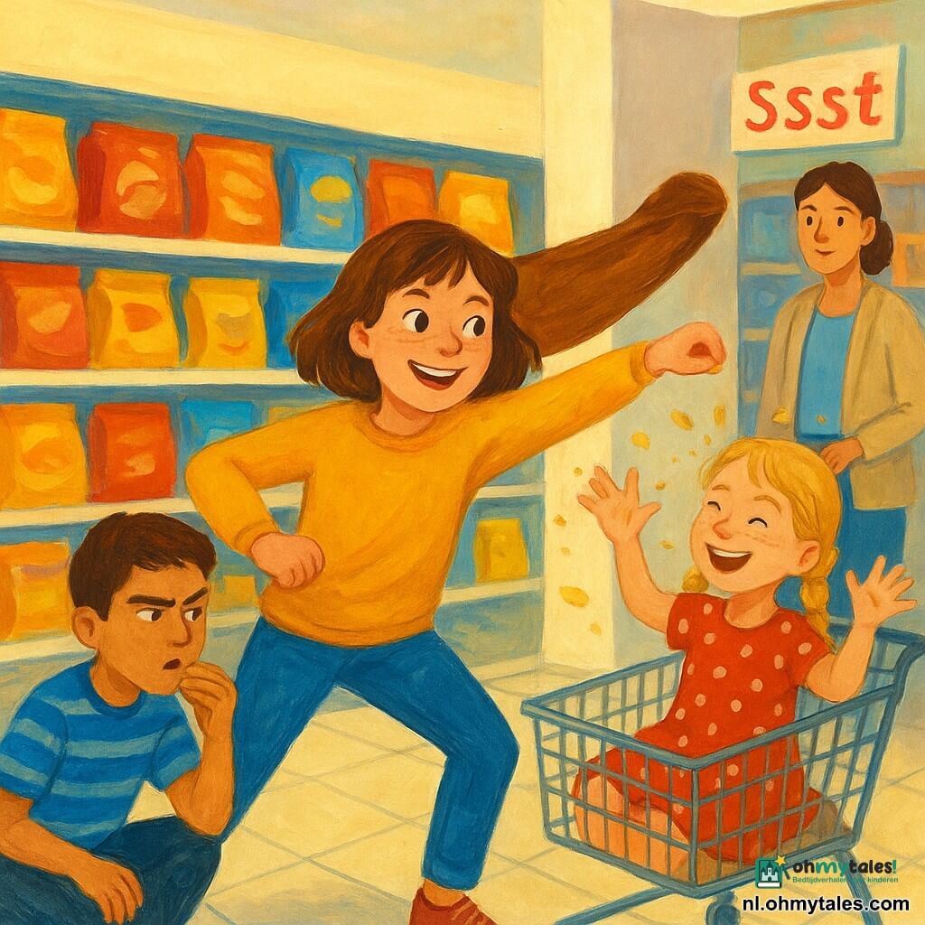 Het hoofdmeisje, 12 jaar, vrolijk en ondeugend, rond gezicht met sproeten, halflang kastanjebruin haar, draagt een mosterdgele trui en doet een superheldenpose met een denkbeeldige cape voor een schap chips; de broer, 13 jaar, theatraal en geconcentreerd, kort bruin haar, blauwgestreept T‑shirt, knielt links en doet alsof een aardappel een chip wordt; de zus van 8 jaar, speels en giechelig, blond met vlechten, rode jurk met witte stippen, zit rechts in een winkelwagen en maakt explosie‑achtige gebaren met denkbeeldige kruimels op haar handen; de moeder, dertiger, kalm en glimlachend, haar opgestoken, beige jasje, staat iets achteraan bij een koffierek en kijkt liefdevol; locatie: helder pastelgang in de supermarkt met kleurrijke verpakkingen, oud bordje "Sssst", glanzende crèmekleurige tegels en een metalen winkelwagen met gekreukelde boodschappentas; scène: trio speelt mimespel met overdreven gebaren, stille lachjes, vliegende chipskruimels en warme, grappige sfeer, felle kleurcontrasten en zichtbare gouachetextuur.