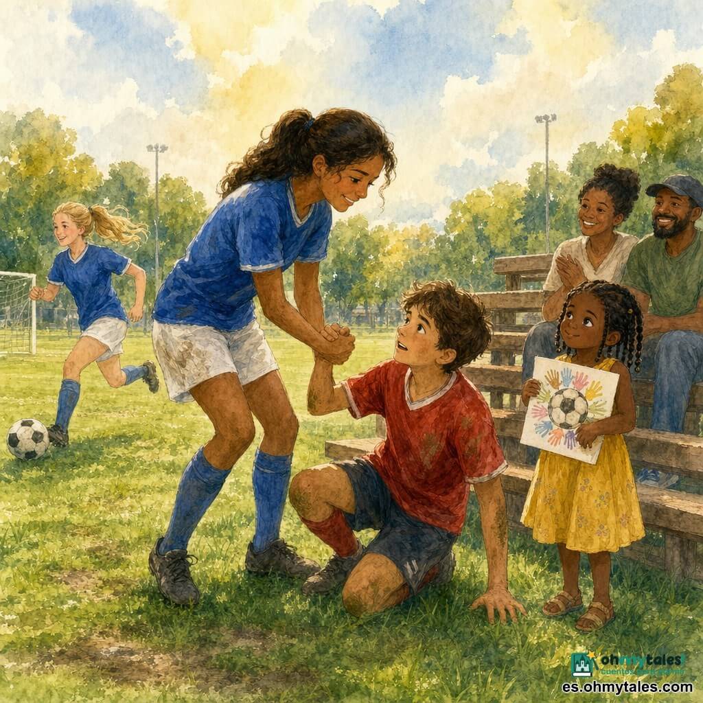 Mujer adulta, María, con sonrisa amable y mirada benevolente, pelo castaño en coleta, camiseta azul y pantalones cortos blancos, extiende la mano para ayudar a un jugador a levantarse en el campo; chico de unos 12 años, rival, sorprendido pero agradecido, rodilla en el suelo, camiseta roja manchada de hierba, toma la mano de María; niña de unos 6 años, espectadora tímida, vestido amarillo y trenzas, sostiene un dibujo de un balón rodeado de manos y mira a María con admiración desde el borde del campo; Lucía, compañera de unos 16 años, pelo rubio en coleta alta, corre hacia la portería con el balón, concentrada y alegre, algo atrás a la izquierda; campo de fútbol en un parque de barrio con césped marcado por el juego, gradas de madera con padres sonrientes, árboles y farolas a lo lejos, cielo claro con toques de sol y nubes suaves; escena principal: gesto de fair-play durante un partido amistoso, compañerismo, colores cálidos y lavado acuarelado suave, trazos fluidos y detalles de hierba, ropa y expresiones claras.