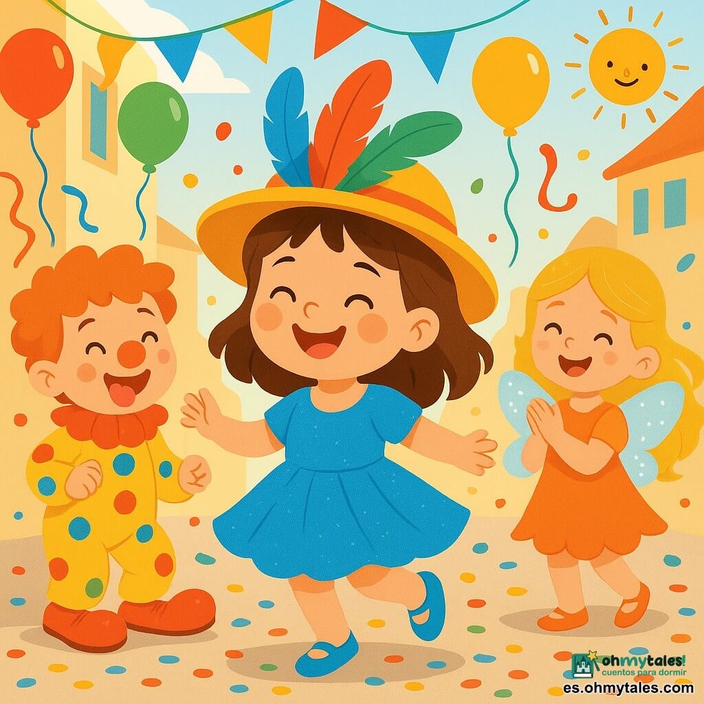 Una niña de 2 años, Luna, con cabello castaño y ojos brillantes, lleva un vestido azul brillante y un sombrero decorado con plumas de colores. Sonríe alegremente, con las mejillas sonrojadas por la emoción, mientras baila al ritmo de la música. A su lado, un niño de 3 años, Leo, vestido de payaso con una nariz roja y zapatos gigantes, hace muecas riendo. Un poco más lejos, Ana, una niña de 4 años con alas de mariposa brillantes, aplaude sonriendo, con su cabello rubio flotando al viento. La escena se desarrolla en una calle animada, decorada con guirnaldas de colores y globos flotantes. El suelo está cubierto de confeti multicolor que brilla bajo el sol. Luna y sus amigos bailan juntos, saltando y riendo, rodeados de música festiva y risas, creando una atmósfera alegre y llena de vida.