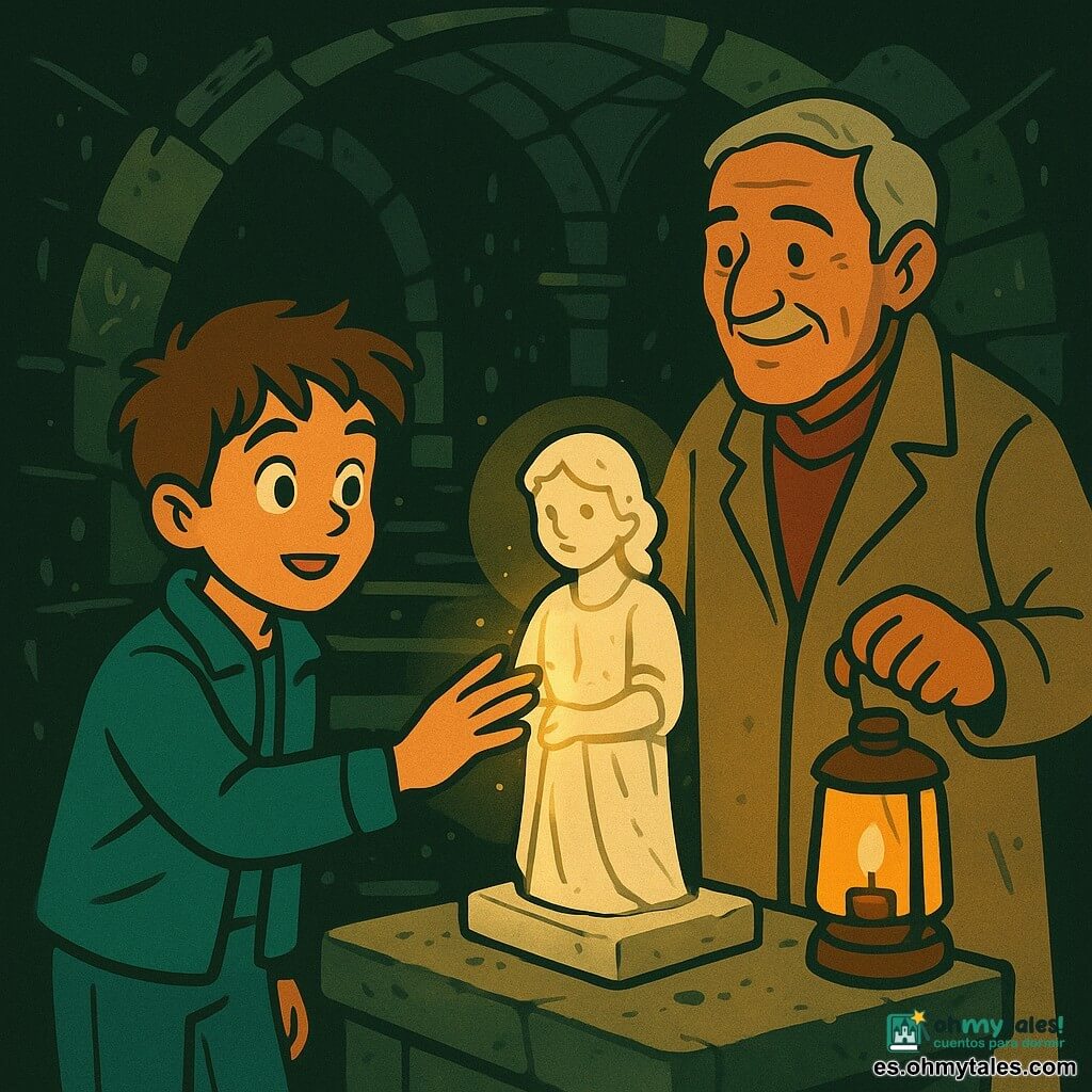 Un niño de 10 años, maravillado y valiente, ojos grandes y brillantes, pelo castaño despeinado, chaqueta ligera azul petróleo y vaqueros, extiende la mano para tocar una pequeña estatua de mármol sobre un altar; su postura es tierna y respetuosa. Don Ernesto, guía de unos 60 años, sonriente, piel bronceada, abrigo largo beige de lona, sostiene una linterna a la izquierda y se mantiene algo retrasado para observar, calmado y benévolo. La pequeña estatua blanca, guardiana infantil, agrietada pero elegante, empieza a emitir un resplandor dorado que ilumina suavemente los rostros; está sobre un altar de piedra polvoriento. El lugar es un túnel subterráneo antiguo: muros de piedra húmeda, escalones gastados, inscripciones rúnicas que brillan débilmente, gotas de agua centelleantes y hebras de musgo verde; la oscuridad envolvente contrasta con la cálida luz de la linterna y la estatua. La escena principal muestra el contacto entre la mano del niño y la estatua que se ilumina; ambiente mágico e íntimo, luces cálidas y tonos gris verdosos en la roca, composición simple, formas nítidas, fuertes contrastes y texturas visibles. Estilo gráfico: planos de color, contornos suaves, expresiones legibles, atmósfera cálida y misteriosa, formato póster.