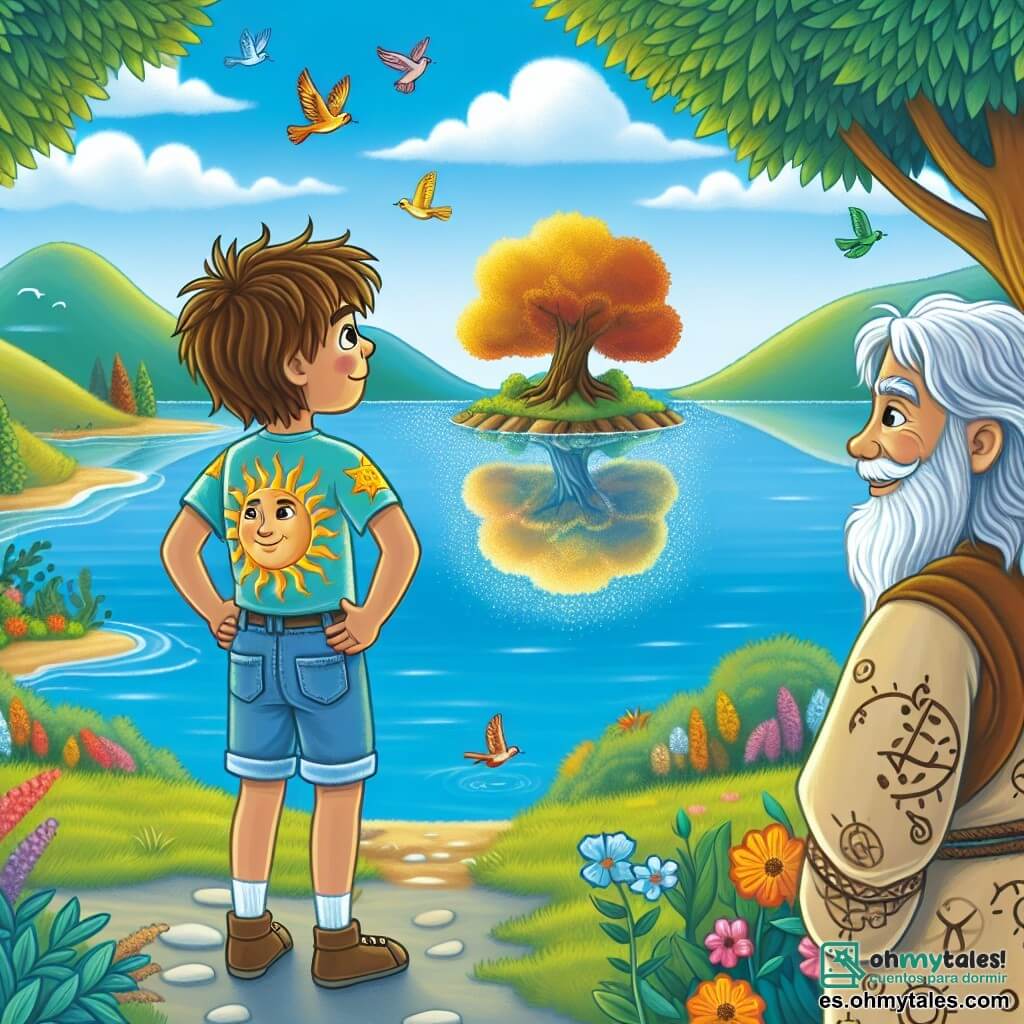 Un niño de 9 años, Tomás, está al borde de un lago brillante, con ojos llenos de curiosidad y asombro. Tiene el cabello castaño desordenado y lleva una camiseta colorida con un diseño de sol y un pantalón corto de mezclilla. Con las manos en las caderas, observa fascinado una isla misteriosa en el centro del lago. Cerca de él, un sabio barbudo de unos 60 años se encuentra en la orilla, con una larga barba blanca y una túnica ligera adornada con símbolos antiguos, sonriendo suavemente a Tomás como compartiendo un secreto. El lugar es encantador: el lago está rodeado de colinas verdes y flores coloridas en la orilla, mientras que aves de plumas brillantes vuelan sobre el agua. La isla en el centro está cubierta de árboles con hojas doradas que brillan al sol. Tomás, maravillado, contempla su reflejo en el lago, donde ve escenas de su vida danzando en la superficie, simbolizando su viaje interior y búsqueda de significado.
