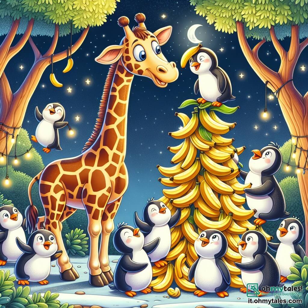 Una giraffa di nome Gina, con un lungo collo macchiato di giallo e marrone, si trova felicemente al centro della scena, sorridente e piena di entusiasmo, mentre aiuta dei pinguini a costruire una torre di banane. I pinguini, con il loro piumaggio bianco e nero e i piccoli occhi rotondi, si muovono attorno a lei, alcuni tengono banane tra le ali, mentre altri cercano di arrampicarsi sulla torre instabile. Lo scenario si svolge in uno zoo magico, sotto un cielo stellato, dove le gabbie degli animali sono illuminate dalla dolce luce della luna, e alberi con foglie brillanti circondano la scena. La situazione principale mostra Gina che, con il suo collo slanciato, cerca di raggiungere la parte superiore della torre di banane, mentre i pinguini ridono e si divertono, creando un'atmosfera gioiosa e ludica.