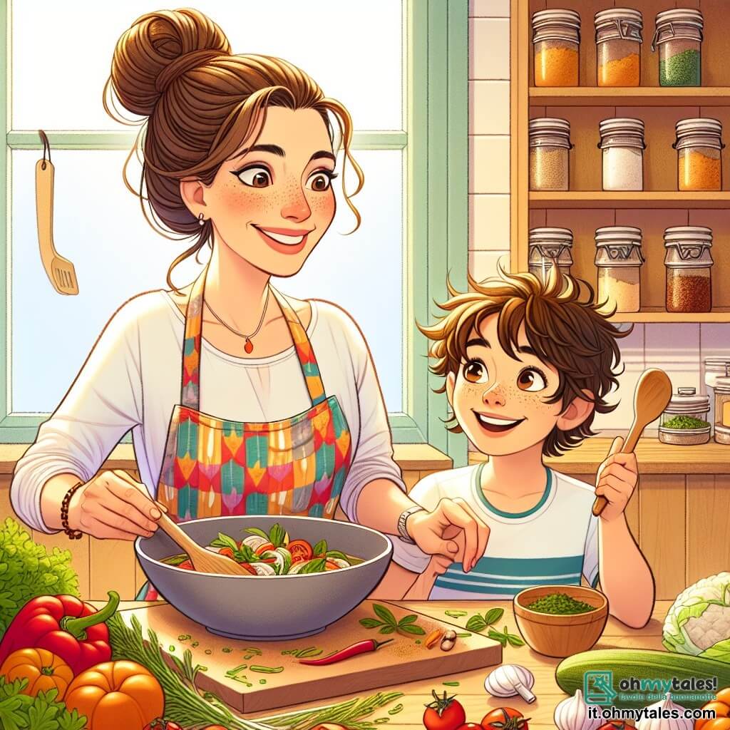 Isabella, una donna di circa trent'anni con lunghi capelli castani raccolti in un chignon, indossa un elegante grembiule da chef colorato. Il suo viso irradia gioia e determinazione mentre prepara un piatto nella sua cucina, circondata da verdure fresche e erbe aromatiche. Accanto a lei, Luca, un ragazzo di dieci anni con capelli castani in disordine e occhi brillanti di curiosità, tiene una spatola di legno e guarda Isabella con meraviglia, pronto ad aiutarla. La cucina è calda e accogliente, con pareti in legno chiaro, mensole piene di barattoli di spezie colorate e una grande finestra che lascia entrare la luce del sole, illuminando gli ingredienti freschi sul piano di lavoro. La scena principale mostra Isabella e Luca intenti a preparare un piatto delizioso, mescolando risate e apprendimento, mentre condividono la loro passione per la cucina in un'atmosfera gioiosa e creativa.