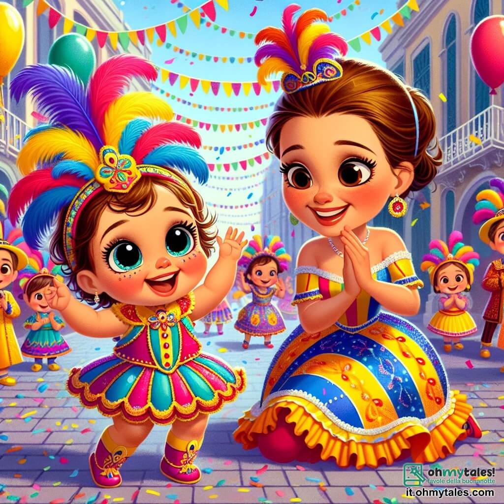 Una bambina di un anno, Lila, con grandi occhi scintillanti e capelli ricci, indossa un costume di farfalla colorato, blu, giallo e rosso. Sorride gioiosamente, alzando le braccia in aria, pronta a ballare. Accanto a lei, sua madre, una donna di trent'anni con lunghi capelli castani, indossa un vestito colorato e un cappello di carnevale. Applaude e ride, incoraggiando Lila a ballare. Lo sfondo è una strada animata, decorata con festoni dai colori vivaci, con palloncini fluttuanti e coriandoli che cadono dal cielo. Bambini in costume ballano intorno a loro, creando un'atmosfera festosa e gioiosa. La scena principale mostra Lila e sua madre che ballano insieme in mezzo alla festa di Carnevale, circondate da risate e musica, celebrando la gioia e l'amicizia.