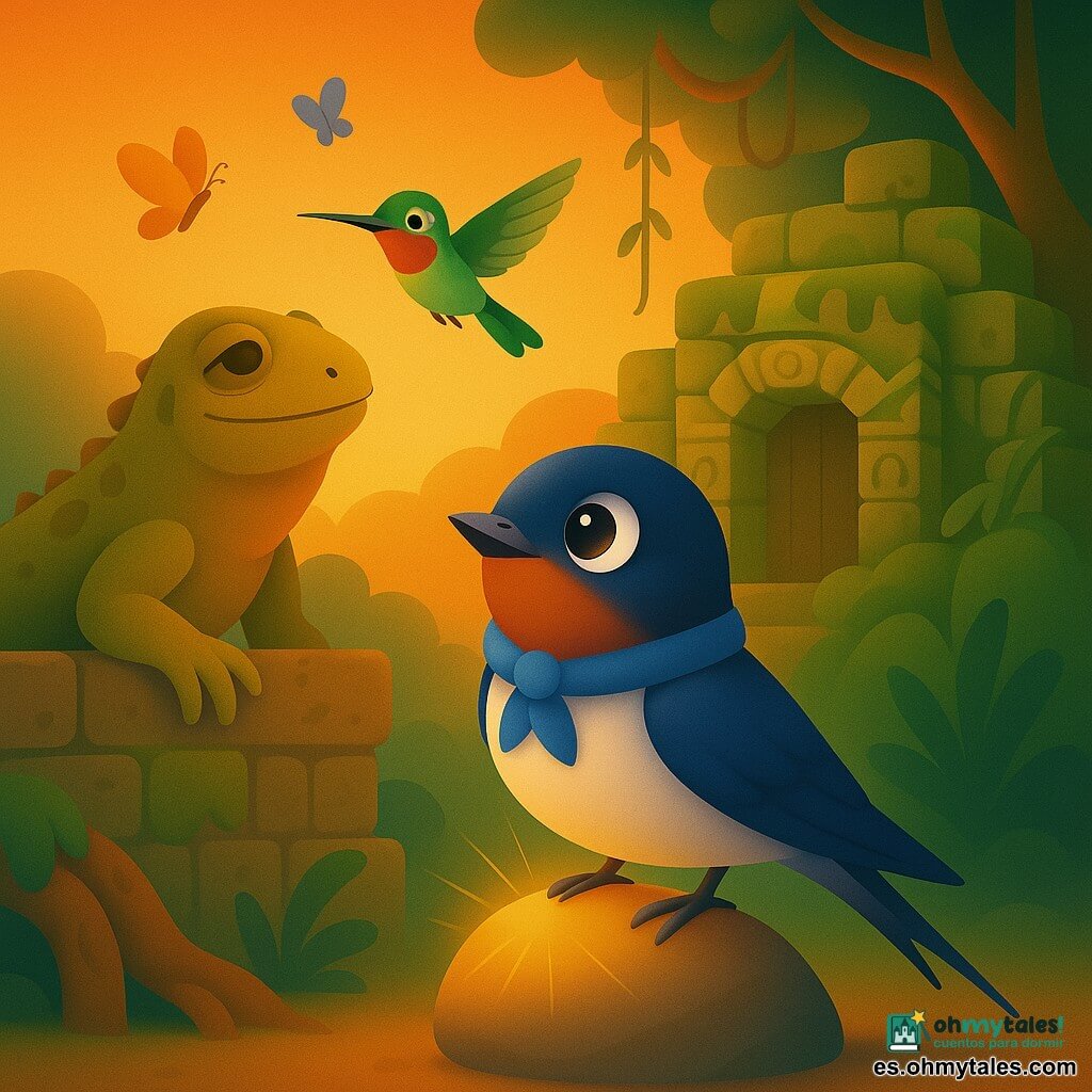 Una pequeña golondrina protagonista posada sobre una piedra lisa, plumaje azul índigo brillante y vientre blanco, pañuelo azul al cuello, mirada maravillada y curiosa, ala derecha apoyada suavemente como si escuchara; un colibrí diminuto secundario de plumas verde esmeralda y gorgerín rojo, alas borrosas en movimiento y sonrisa vivaz, volando justo sobre el hombro de la golondrina y observando con alegría; una iguana sabia secundaria de grandes escamas color tierra, ojos dulces y arrugados, sentada en un muro de piedra musgoso a la izquierda con la pata sobre una raíz y mirada benevolente hacia la golondrina; escenario en las ruinas de Copán con grandes piedras talladas cubiertas de musgo, raíces gruesas de un ceibo que rodean una pequeña puerta de madera, lianas colgantes y mariposas coloridas; escena principal: la piedra central emite un leve resplandor dorado y finas vibraciones como líneas luminosas, la golondrina toca la piedra en un momento de descubrimiento tierno y sereno al atardecer, colores cálidos (naranja, ocre, verde profundo) y texturas detalladas (musgo, piedra, plumas).