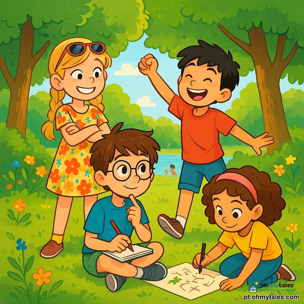 Há 4 crianças: - Lucas: um menino de 9 anos, com cabelos castanhos bagunçados e óculos redondos. Ele está sentado na grama, com um caderno na mão, sorrindo e pensativo, pensando em uma nova ideia para a caça ao tesouro. - Sofia: uma menina de 9 anos, com cabelos loiros trançados e óculos de sol na cabeça. Ela usa um vestido colorido de flores e está de pé ao lado de Lucas, com os braços cruzados, exibindo um grande sorriso, cheia de energia e entusiasmo. - João: um menino de 9 anos, com cabelos negros e sardas no rosto. Ele usa uma camiseta vermelha e um short jeans. Está pulando alegremente, com um braço levantado, pronto para a aventura. - Clara: uma menina de 9 anos, com cabelos castanhos cacheados e uma faixa rosa. Ela está agachada, desenhando um plano em uma folha de papel, concentrada e criativa. A cena se passa em um parque verdejante, cheio de flores coloridas e árvores majestosas. Raios de sol filtram pelas folhas, criando sombras dançantes no chão. Ao longe, há um pequeno lago brilhante, cercado por risadas de crianças que brincam. A história mostra as crianças se reunindo para organizar uma caça ao tesouro, com Lucas ajudando a criar enigmas enquanto seus amigos discutem e riem ao redor dele, prontos para uma aventura cheia de surpresas e descobertas.