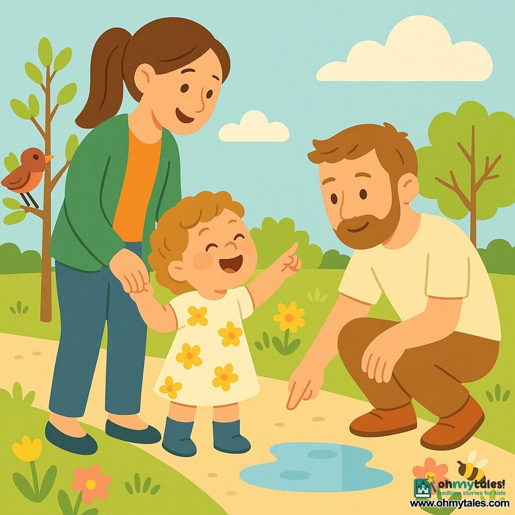 A joyful 2-year-old girl with short curly light-brown hair, round rosy cheeks, wearing a light yellow floral dress and blue boots, holds her mother's hand and looks at a bird on a branch; the smiling mother (about 30) with long brown hair in a ponytail, a green cardigan and jeans, stands to the girl's left with her hand on her shoulder, while the attentive father (about 32) with a light beard, beige t-shirt and khaki pants kneels to the girl's right pointing at a small puddle. The scene is a spring park path with bright green grass, small trees with tender leaves, yellow and pink flowers, a pale blue sky with soft clouds; the girl laughs and points at the bird as her parents surround her protectively, a puddle reflects the sky and a bee hovers near the flowers. Style: bright flat colors, soft lines and round shapes, simple readable composition for toddlers.