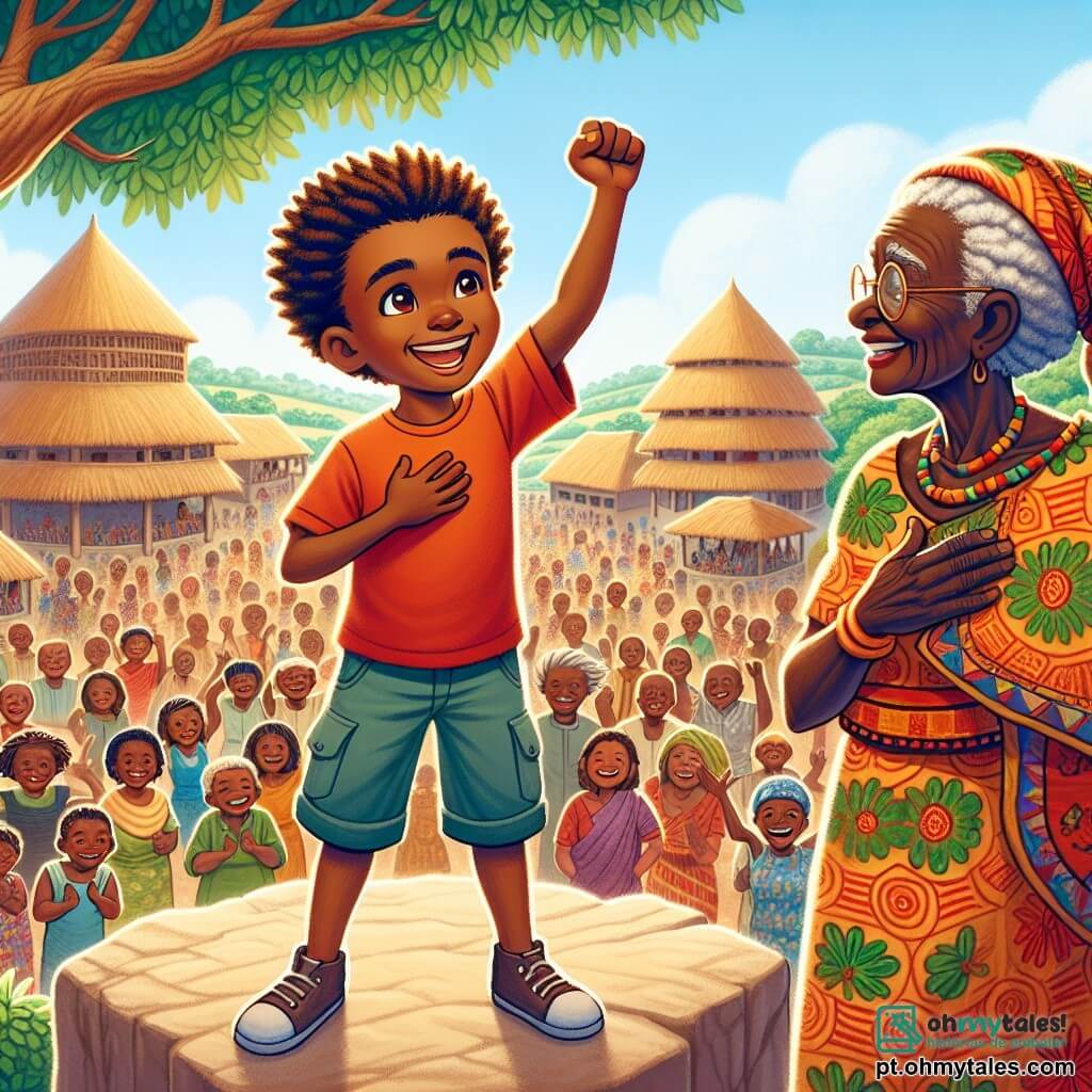 No centro da imagem, Kofi, um jovem de cerca de 12 anos, está em uma pedra alta, com olhos brilhantes de determinação e um sorriso radiante. Ele tem pele morena, cabelo crespo e veste uma camiseta colorida e um short leve. Ele levanta os braços, como se chamasse os habitantes de seu vilarejo à ação. Ao seu lado, uma mulher idosa de cerca de 70 anos, com cabelos grisalhos trançados e um rosto enrugado mas sorridente, apoia uma mão sobre o coração, demonstrando seu apoio a Kofi. Ela usa um vestido tradicional com padrões vibrantes e olha para Kofi com orgulho. Ao fundo, a vila de N'Golo é animada, com casas de barro e telhados de palha, cercadas por campos verdes e flores coloridas. Uma grande árvore da sabedoria se ergue majestosa, oferecendo sombra. A cena mostra Kofi falando com paixão para os moradores reunidos ao seu redor, com rostos curiosos e atentos, enquanto o sol se põe no horizonte, banhando tudo com uma luz dourada.