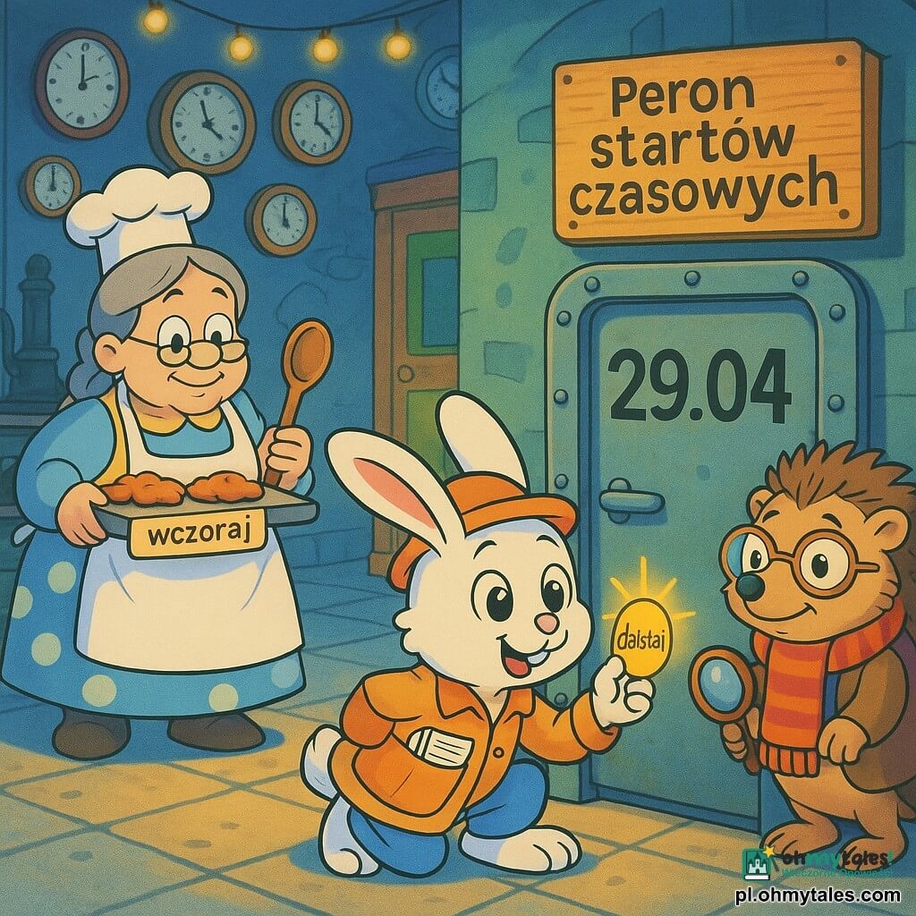 Mały antropomorficzny biały królik o imieniu Kubuś, z okrągłymi błyszczącymi oczami, miękkim futerkiem, w małym pomarańczowym kapeluszu i kurtce z kieszenią pełną papierów, uśmiechnięty i ciekawski, przykuca przy metalowych drzwiach z datą, trzyma błyszczącą pastylkę z napisem „dzisiaj”; po lewej stoi życzliwa stara kucharka Pani Czasowa, siwe włosy w dwóch warkoczach, w kropkowanym fartuchu z łyżką i tacką ciastek oznaczonych „wczoraj”, „jutro”, po prawej spokojny mądry jeż-przewodnik w okrągłych okularach, z lupą i pasiastym szalikiem, obok drewnianego znaku „Peron startów czasowych”; wnętrze peronu o miękkim niebieskim świetle, wypłukane kafle, ściany z zegarami i kolorowymi drzwiami z datami, ciepłe girlandy żarówek; scena spokojna i magiczna, Kubuś zamyślony przed naciśnięciem przycisku, pastelowe żywe kolory, wyraźne linie i łagodne kontury, kompozycja skupiona na króliku i drzwiach.
