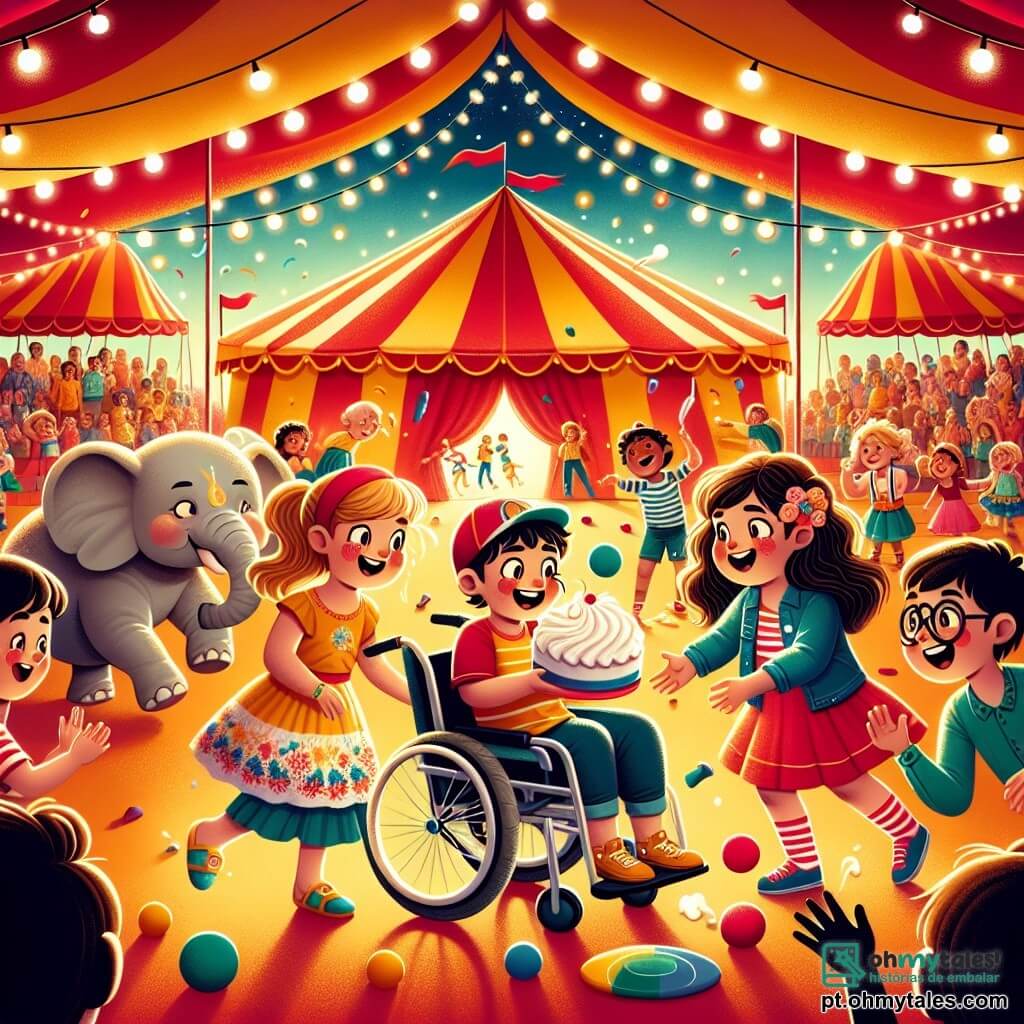 No centro da imagem, três crianças estão reunidas sob o grande chapéu do circo. À esquerda, Ana, uma menina de 8 anos com longos cabelos castanhos e um vestido colorido, ri ao ver um elefante que dança. À direita, Pedro, um menino de 9 anos com óculos e um boné vermelho, segura uma grande torta de creme, pronto para fazer uma brincadeira. No centro, Miguel, um menino de 10 anos em cadeira de rodas, sorri maravilhado, com os olhos brilhando, enquanto tenta malabariar com bolas coloridas. O local é um circo vibrante, com tendas listradas de vermelho e amarelo, luzes cintilantes e balões flutuando no ar. Ao fundo, espectadores riem e aplaudem, criando uma atmosfera alegre e festiva. A cena principal mostra Miguel, cercado por seus amigos, tentando malabariar com bolas sob o olhar divertido de um elefante que acaba de fazer um grande espirro, provocando risadas gerais.