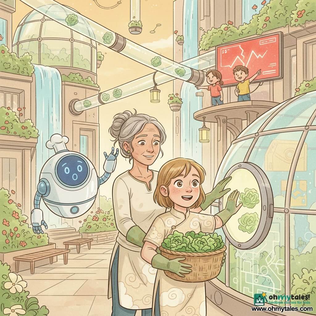 A proud, slightly trembling 10-year-old girl with short brown pigtails and wide bright eyes wears a cloud-patterned tunic and holds a basket of fresh lettuces beside a glass delivery port; Miss Elara, a serene ~40-year-old with a sun-wrinkled face, gray hair in a bun and dirty green gloves, helps guide the basket toward a shiny hatch to their right while a round white-and-blue chef robot with a surprised emoticon screen reaches mechanical arms from the left; two excited ~8-year-old children in colorful clothes point at a flashing red screen from a small raised platform behind them. The suspended urban plaza atop a building features reflective glass domes, cascading water, terraced gardens, transparent pipes and glowing aerial transport tubes overhead, smooth shiny tiles, floating wooden benches, hanging solar lanterns and small floating potted plants. A clear delivery tube has been blocked, the girl presses a glowing wall panel to speak to the city as lettuces float ready to descend and the crowd holds its breath; mood hopeful and cooperative, in soft pastel colors, rounded clean lines, slightly grainy watercolor texture and golden late-afternoon light, mid-shot with a slight low angle showing the girl centered and the luminous city rising behind.