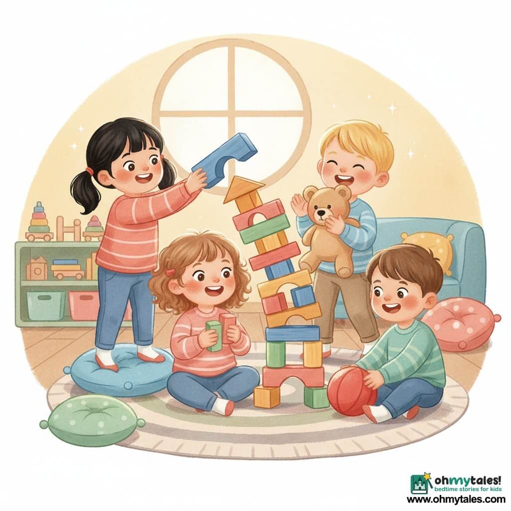 A smiling, amazed 2-year-old girl named Lila with light brown curly hair and rosy cheeks sits cross-legged holding a colorful wooden block; to her right a joyful 3-year-old boy Ben with short brown hair rolls a red ball, to her left a focused, happy 3-year-old girl Mia with black pigtails places a large blue block while standing on a small cushion, and behind the leaning multicolored tower a laughing 4-year-old blond boy Sam hugs a beige teddy and claps. The sunny living room has a soft round-patterned rug, low shelf with wooden toys, colorful cushions and a round window; the children build a slightly-tilting tall block tower together with warm, collaborative energy. The visual style is gouache with visible brushstrokes, simple rounded shapes, a warm pastel palette (soft yellow, salmon pink, sky blue, mint green), painted textures and soft outlines.
