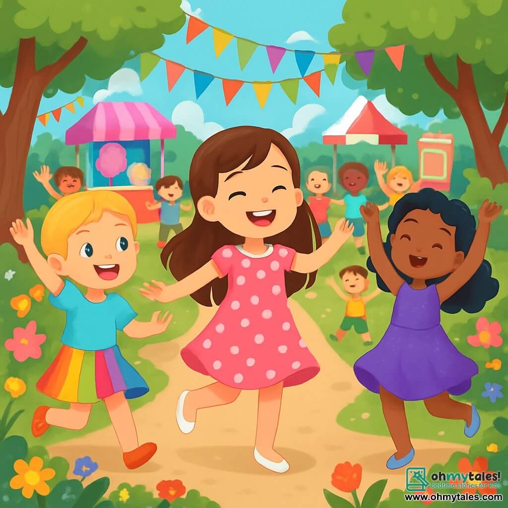 There are 3 characters: - Lucy: an 8-year-old girl with long brown hair, wearing a pink polka dot dress and white ballet flats. She is joyfully dancing in the center of the image, with a big smile on her face. - Bella: a 7-year-old girl with braided blonde hair, dressed in a colorful skirt and a blue t-shirt. She stands to the left of Lucy, jumping enthusiastically. - Mia: an 8-year-old girl with curly black hair, wearing a sparkling purple dress. She is to the right of Lucy, spinning around with her arms raised to the sky. The setting is a vibrant carnival garden filled with colorful garlands hanging from the trees, sparkling in the sunlight. Brightly colored flowers line the paths, and candy stands like cotton candy and popcorn are set up in the background. Children are laughing and dancing around them, creating a joyful and festive atmosphere. The main scene shows the three friends leading a carnival parade, surrounded by other children dancing and having fun. The garlands shine above them, and the air is filled with laughter and upbeat music.