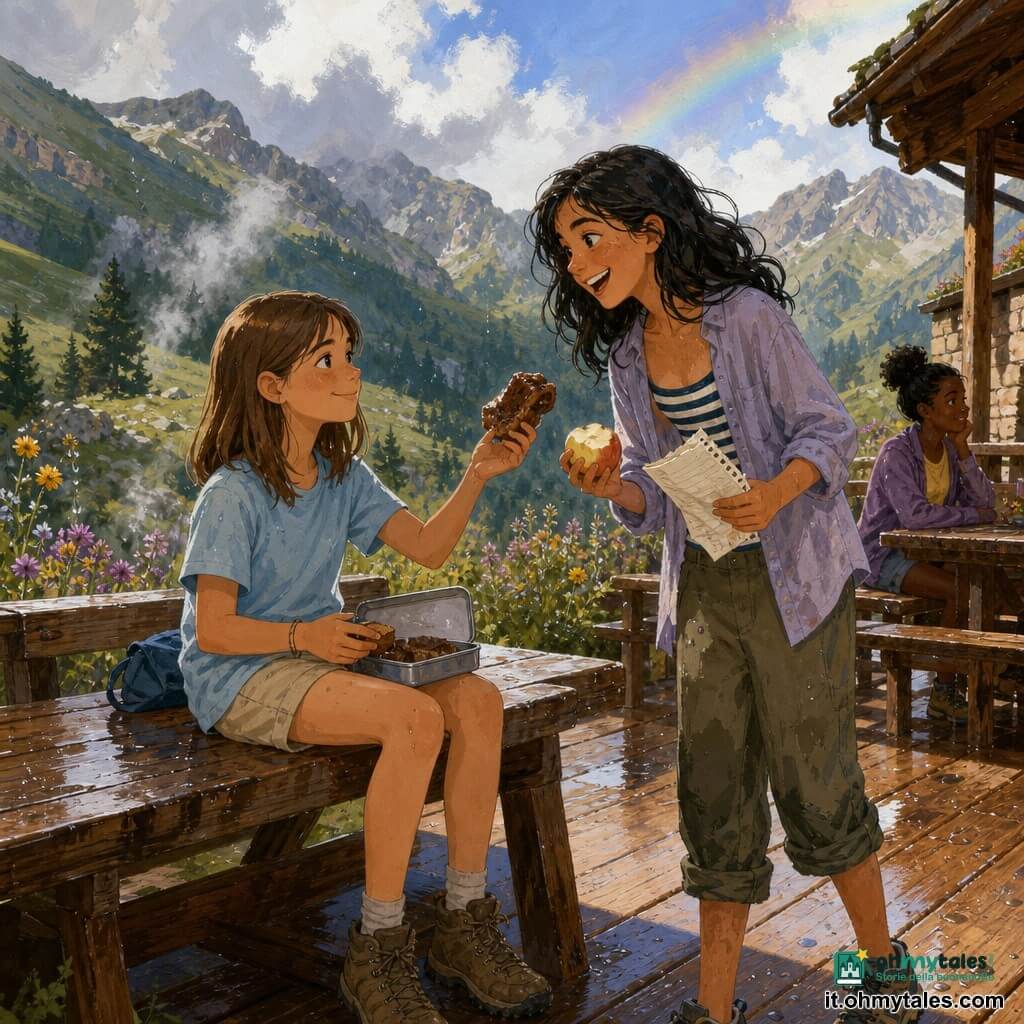 Due ragazze di 11 anni: Martina, capelli castani lisci fino alle spalle, maglietta azzurro chiaro e short beige, seduta a sinistra su un grande tavolo di legno della terrazza del rifugio con una scatola merenda aperta e sorriso tranquillo; Giulia, capelli neri ondulati, maglietta a righe sotto una camicetta leggera e pantaloni da trekking arrotolati, in piedi a destra inclinata verso Martina con un taccuino accartocciato e una mela mezza mangiata, espressione gioiosa. Ambientazione: terrazza in legno di un rifugio di montagna con tavoli rustici, versanti rocciosi e pini sullo sfondo, cielo parzialmente nuvoloso con una debole striscia d'arcobaleno, qualche fiore di campo giallo e viola, gocce di pioggia sui legni e una lieve evaporazione. Situazione: condividono una merenda dopo un temporale lieve appena cessato, atmosfera calda e fresca, abiti ancora umidi, gesti di complicità e sollievo, luce soffusa del tardo pomeriggio.